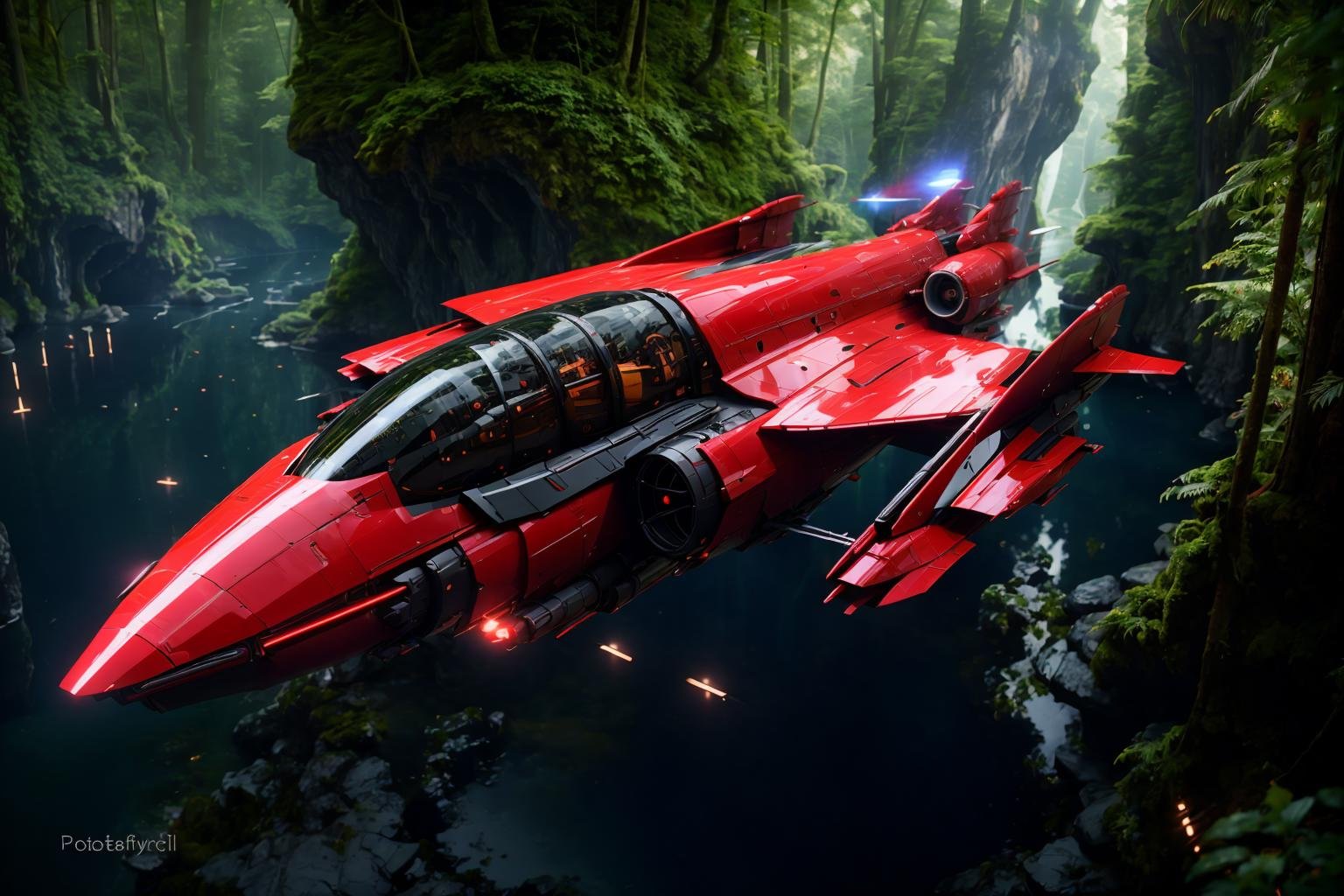 <lora:zxrspc_v3:1> Dark Red zxrspc, masterpiece, best cinematic quality, photorealistic highly detailed 8k raw photo, volumetric lighting, volumetric shadows, reflective fuselage, A serene cloud forest, with lush vegetation and floating islands of greenery