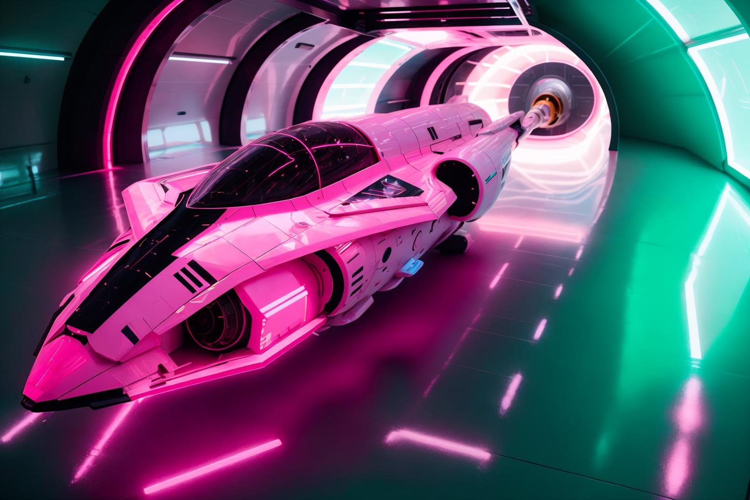 <lora:zxrspc_v3:1> Bubblegum Pink zxrspc, masterpiece, best cinematic quality, photorealistic highly detailed 8k raw photo, volumetric lighting, volumetric shadows, reflective fuselage, A journey through a wormhole, traveling through space and time to unknown realms