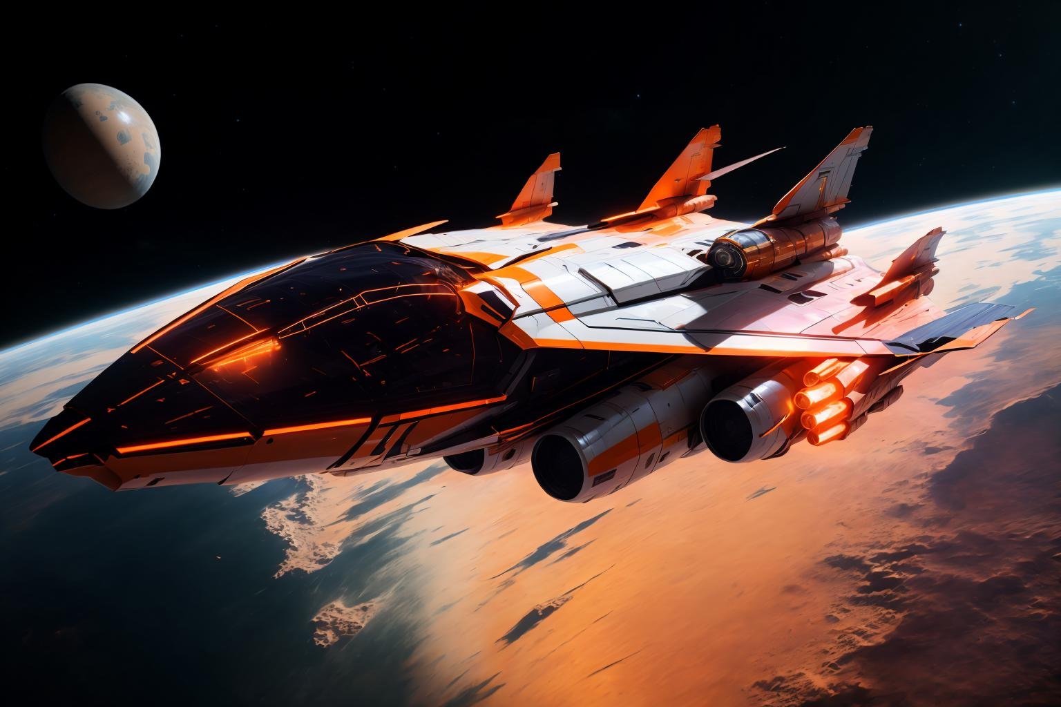 <lora:zxrspc_v3:1> Pumpkin Spice Orange zxrspc, masterpiece, best cinematic quality, photorealistic highly detailed 8k raw photo, volumetric lighting, volumetric shadows, reflective fuselage, A spacewalk outside a spaceship, witnessing the vastness of space and the Earth below