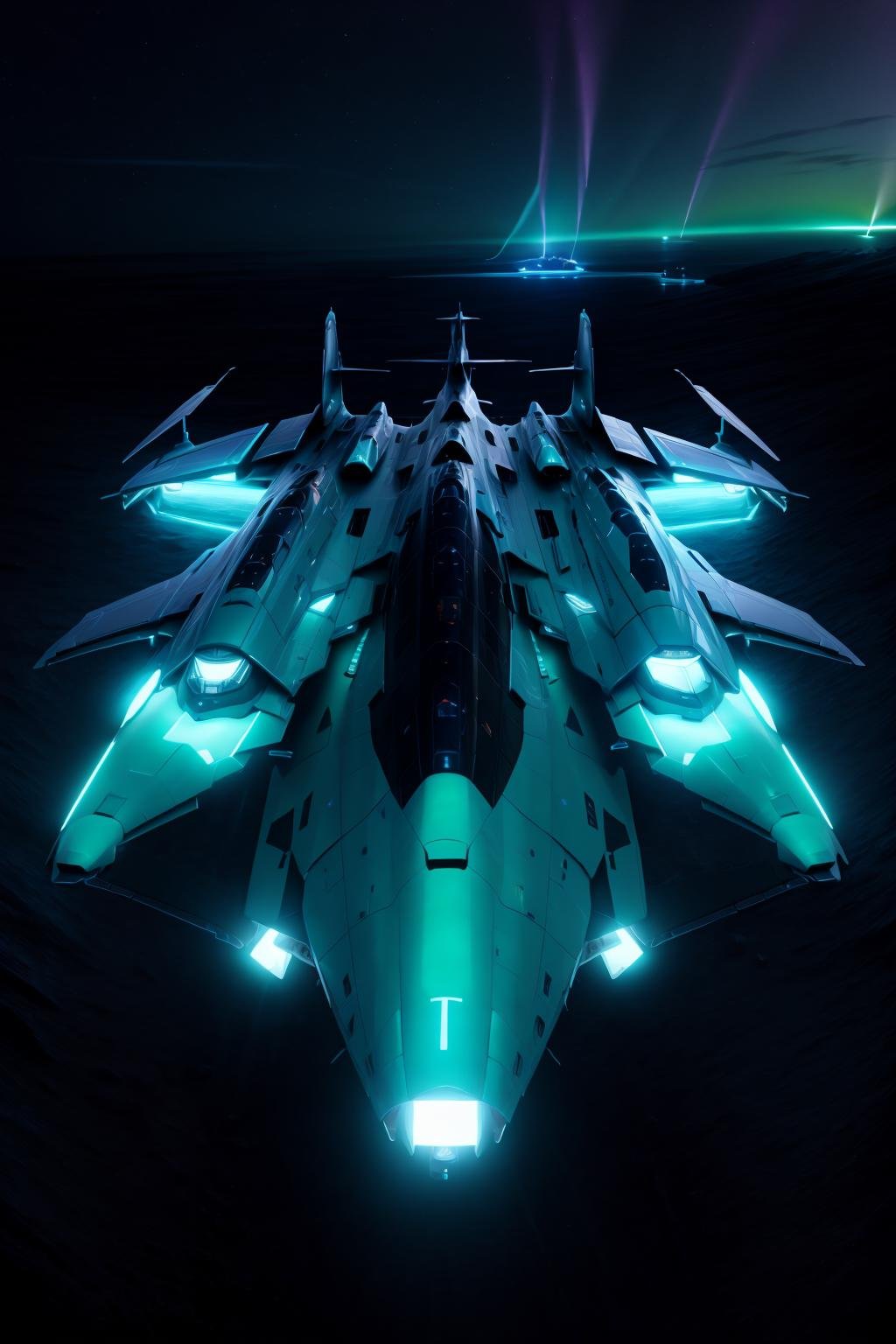 <lora:zxrspc_v3:1> Mint Blue zxrspc, masterpiece, best cinematic quality, photorealistic highly detailed 8k raw photo, volumetric lighting, volumetric shadows, reflective fuselage, A celestial phenomenon, such as the aurora borealis, dancing across the night sky