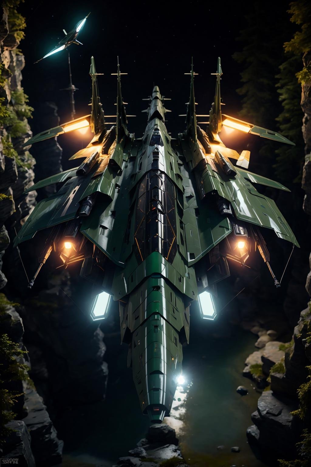 <lora:zxrspc_v3:1> Army Green zxrspc, masterpiece, best cinematic quality, photorealistic highly detailed 8k raw photo, volumetric lighting, volumetric shadows, reflective fuselage, A meteor shower, with streaks of light and the anticipation of a celestial spectacle