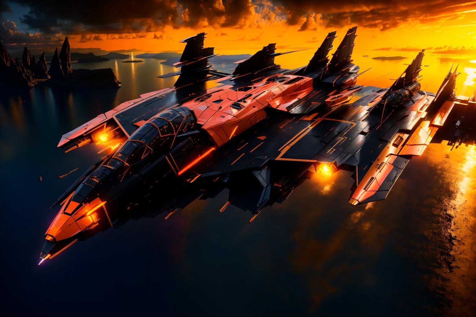 <lora:zxrspc_v3:1> Caramel zxrspc, masterpiece, best cinematic quality, photorealistic highly detailed 8k raw photo, volumetric lighting, volumetric shadows, reflective fuselage, A vibrant sunset in the clouds, with hues of orange, pink, and purple painting the sky