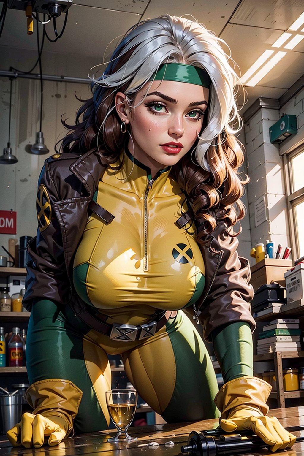 (masterpiece, best quality),  intricate details,
1girl, long hair,breasts,brown hair,green eyes,lipstick,makeup,lips,white hair,two-tone hair,headband,wavy hair,large breasts,messy hair,curly hair,big_hair,   yellow bodysuit,jacket,gloves,belt,yellow gloves,green bodysuit,bodysuit,multicolored bodysuit,superhero, skin tight,multicolored clothes, , 
sweating, boob sweat, hot, leaning forward, downblouse,   indoors, mechanics shop, steampunk, machinery,rogue