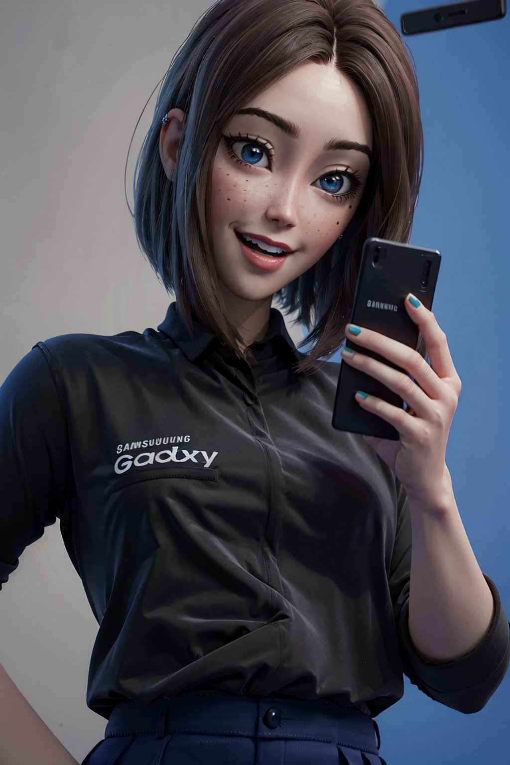 (masterpiece, best quality),  intricate details,
1girl,blue eyes, brown hair, shirt, short hair, mole, black shirt, blue nails, pants, freckles, lips, phone, cellphone, denim, upper body, holding phone, smartphone, smile, samsung, samsung sam,, official art,extremely detailed CG unity 8k wallpaper, perfect lighting,Colorful, Bright_Front_face_Lighting,shiny skin, (masterpiece:1.0),(best_quality:1.0), ultra high res,4K,ultra-detailed, photography, 8K, HDR, highres, (absurdres:1.2), Kodak portra 400, film grain, blurry background, (bokeh:1.2), lens flare, (vibrant_color:1.2),professional photograph, (beautiful_face:1.5),, samsung_sam, black_shirt, blue_pants,