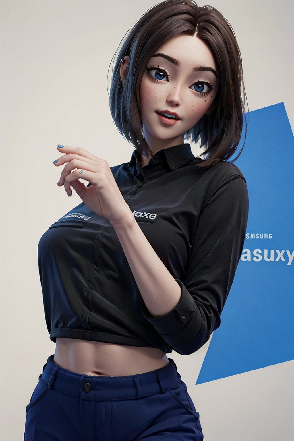 (masterpiece, best quality),  intricate details,
1girl, short hair, medium breasts, samsung_sam, black_shirt, blue_pants