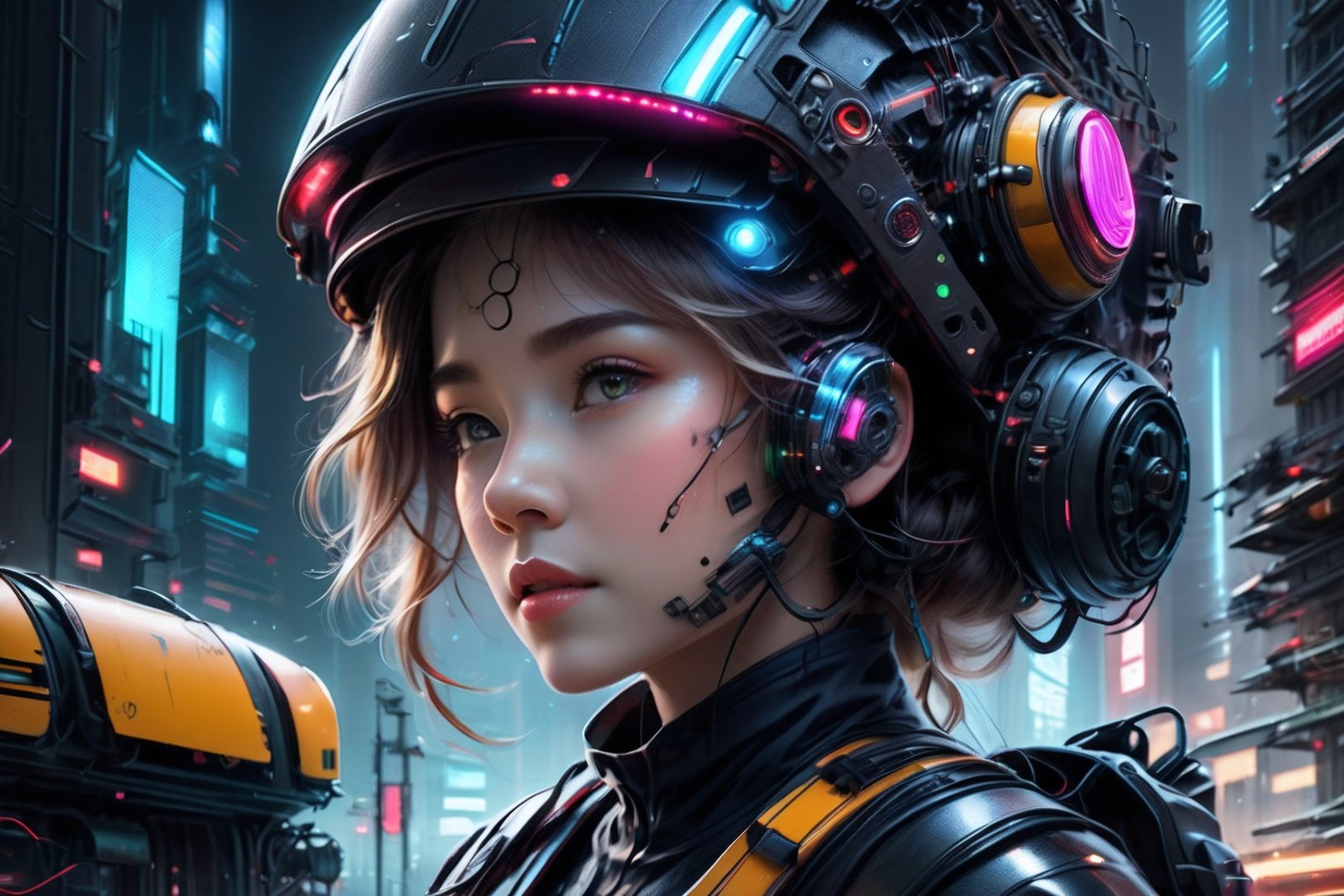  Future City, 1 girl, technology helmet, damaged face, mechanical parts, wires, holographic projection, mechanical body, luminous parts, driving car, cab, looking back