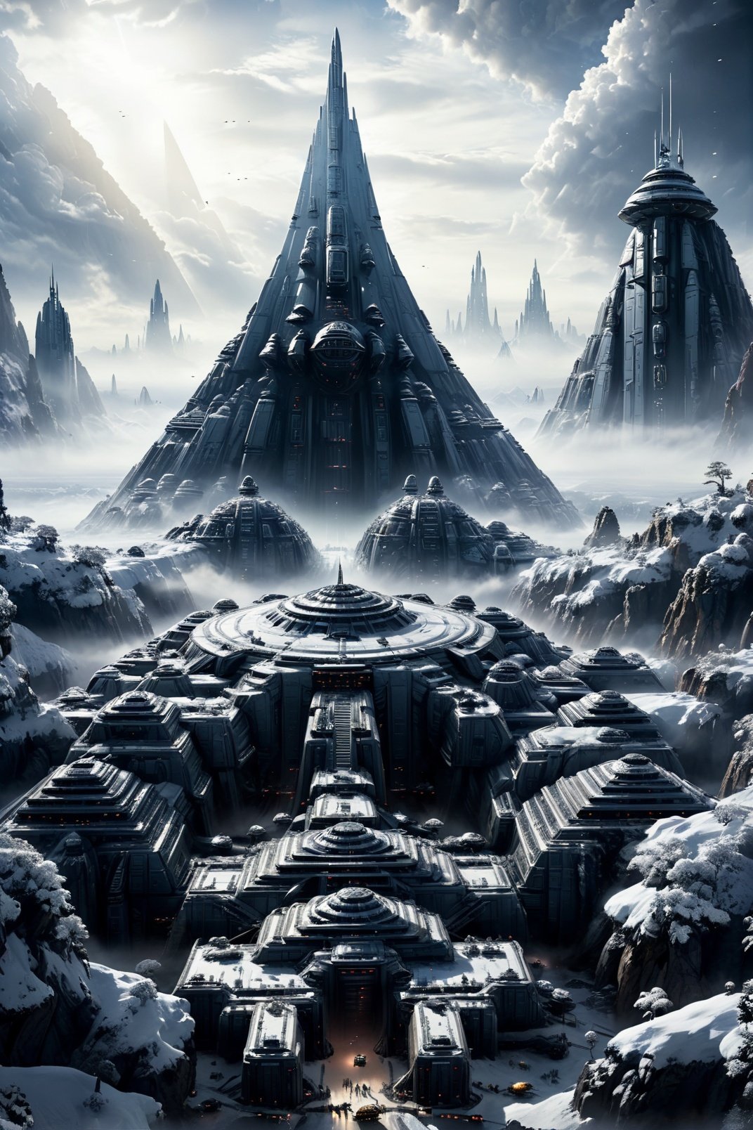  yiji,The plot details of the Star Wars movie series include a massive spaceship on  the sky, the ground covered in snow,  cities, towering buildings, and the fear and shadow of interstellar spaceships descending. Alien invasion, best quality, super detail, movie shots, very realistic,snow,ice,building,look above,