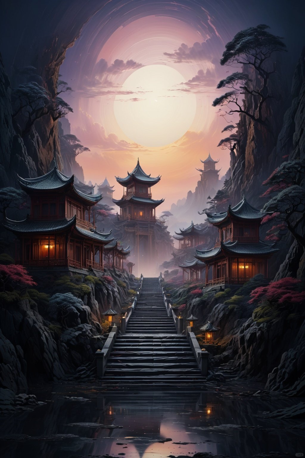  yiji,Landscape structure with lightweight materials, (surreal:1.2) texture and color effects, (dusk:1.2), high quality, artistic sense, masterpiece, best quality,