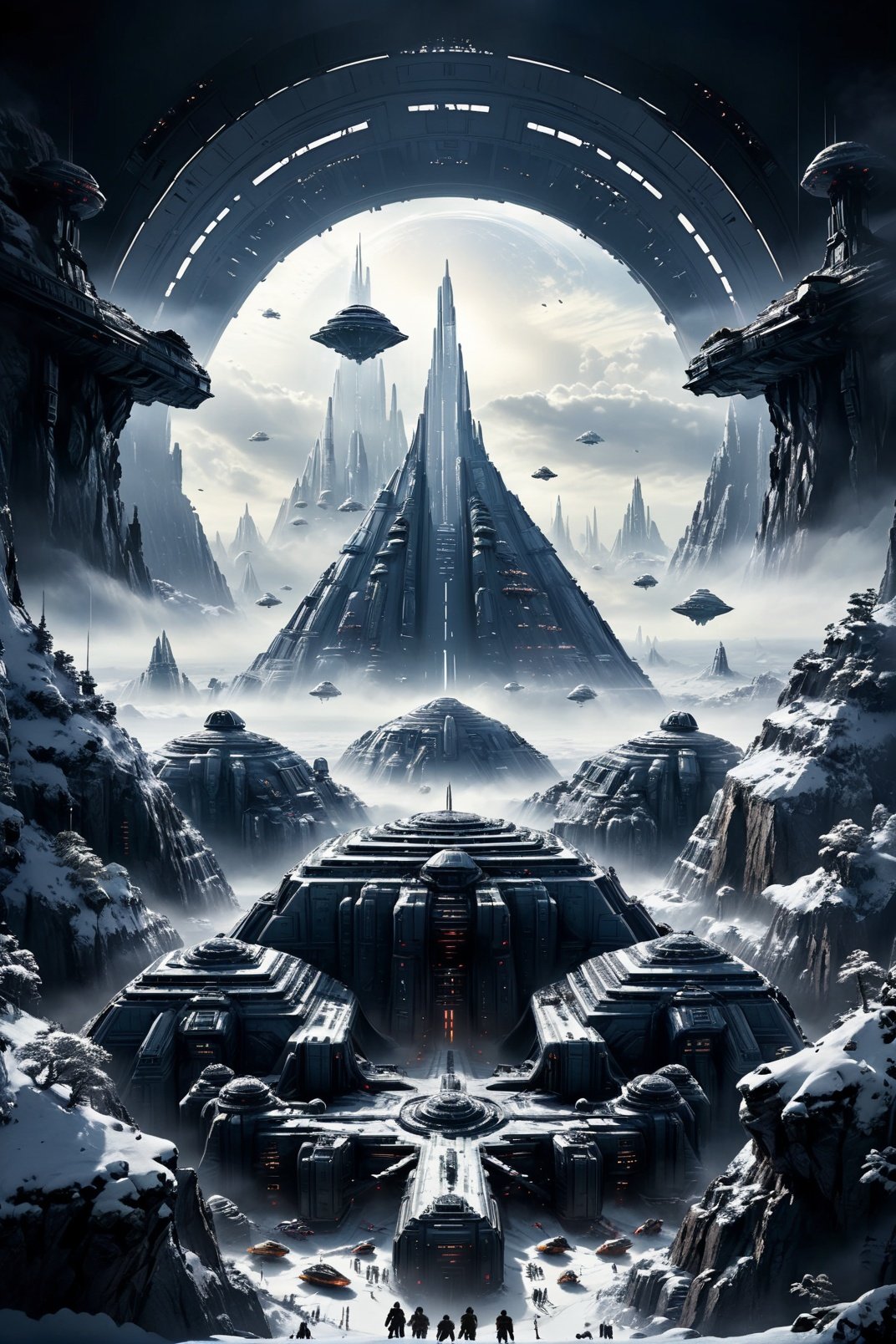  yiji,The plot details of the Star Wars movie series include a massive spaceship on  the sky, the ground covered in snow,  cities, towering buildings, and the fear and shadow of interstellar spaceships descending. Alien invasion, best quality, super detail, movie shots, very realistic,snow,ice,building,look down