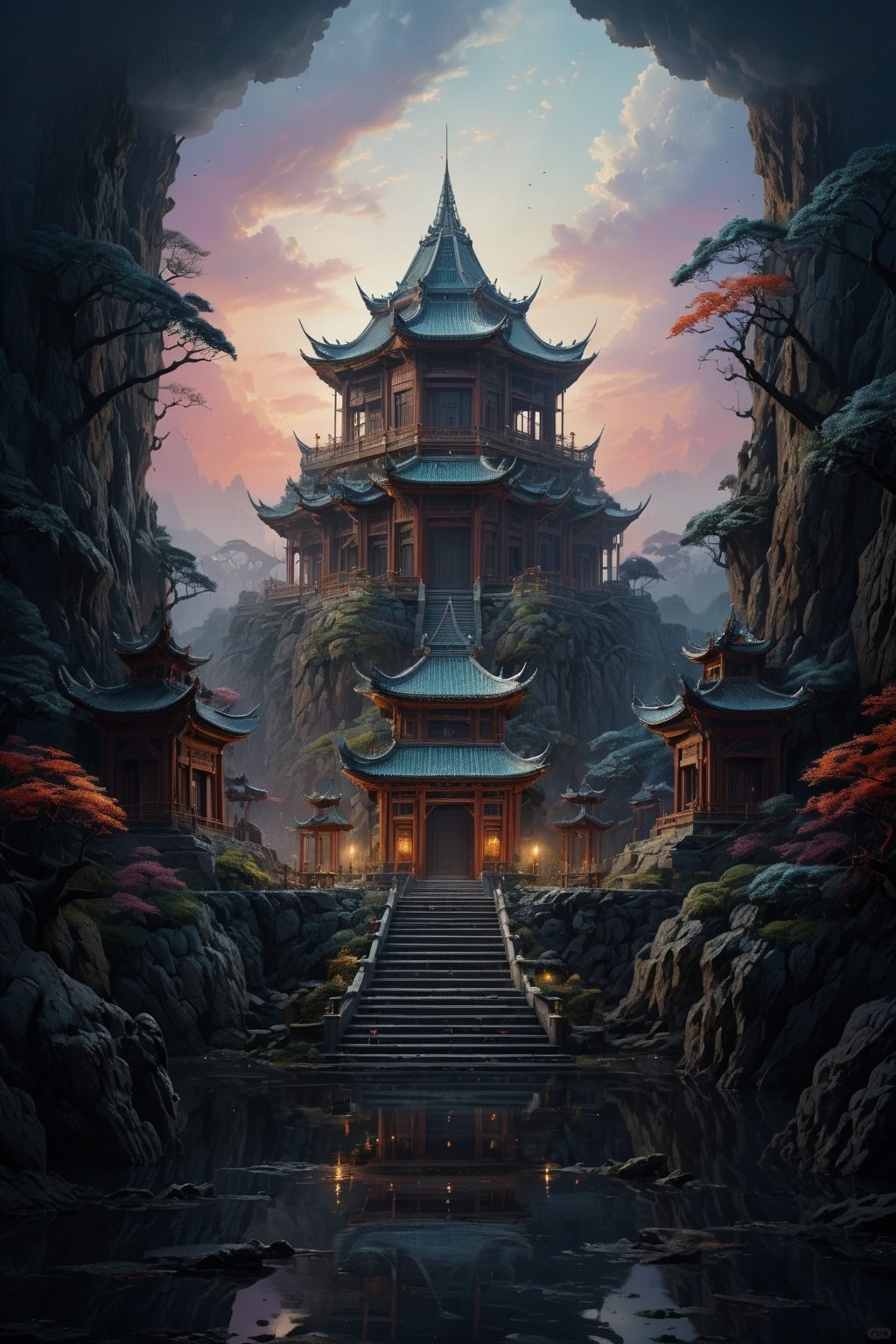  yiji,Landscape structure with lightweight materials, (surreal:1.2) texture and color effects, (dusk:1.2), high quality, artistic sense, masterpiece, best quality,