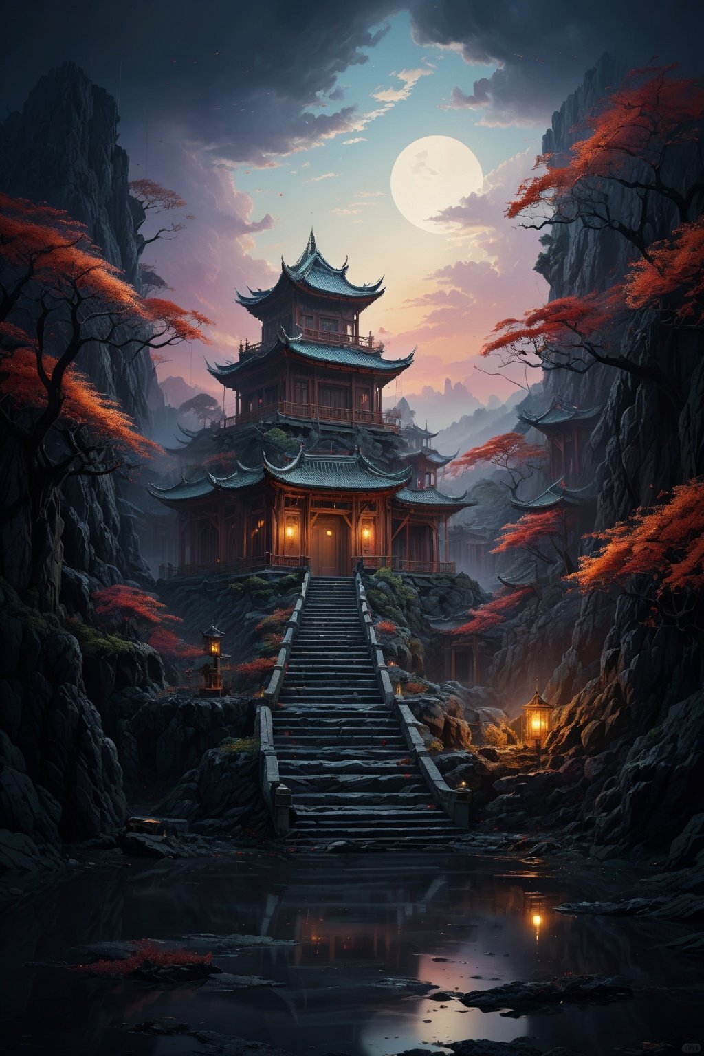  yiji,Landscape structure with lightweight materials, (surreal:1.2) texture and color effects, (dusk:1.2), high quality, artistic sense, masterpiece, best quality,