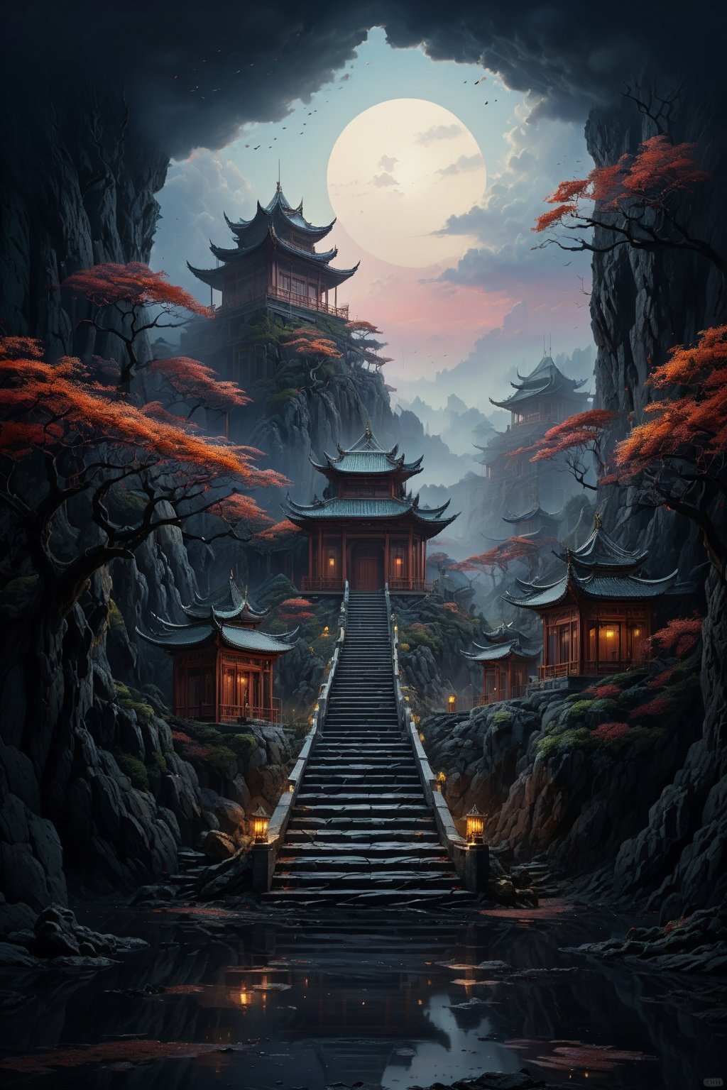  yiji,Landscape structure with lightweight materials, (surreal:1.2) texture and color effects, (dusk:1.2), high quality, artistic sense, masterpiece, best quality,