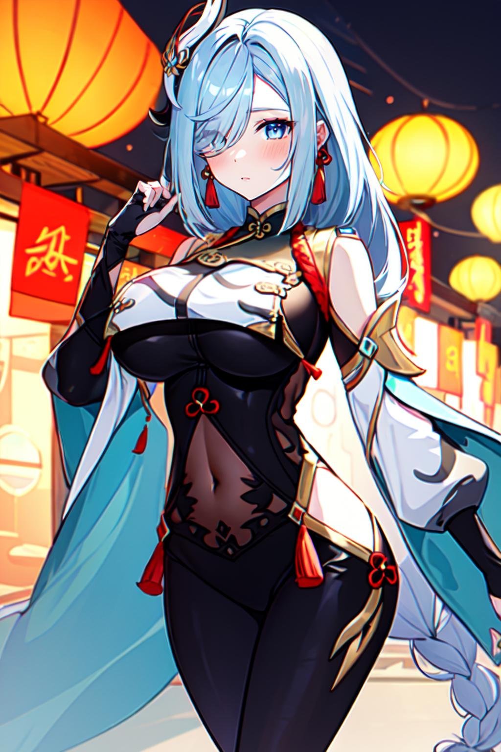 1girl, Shenhe, solo, long hair, blue eyes, gray hair, hair over one eye, hair ornament, large breasts, braid, very long hair, tassel, braided ponytail, gloves, black bodysuit, breast curtain, clothing cutout, black gloves, jewelry, earrings, shoulder cutout, covered navel, navel, blush, thighs, bare shoulders, china background, liyue, chinese street, Lantern Festival, <lora:Shenhe:1>