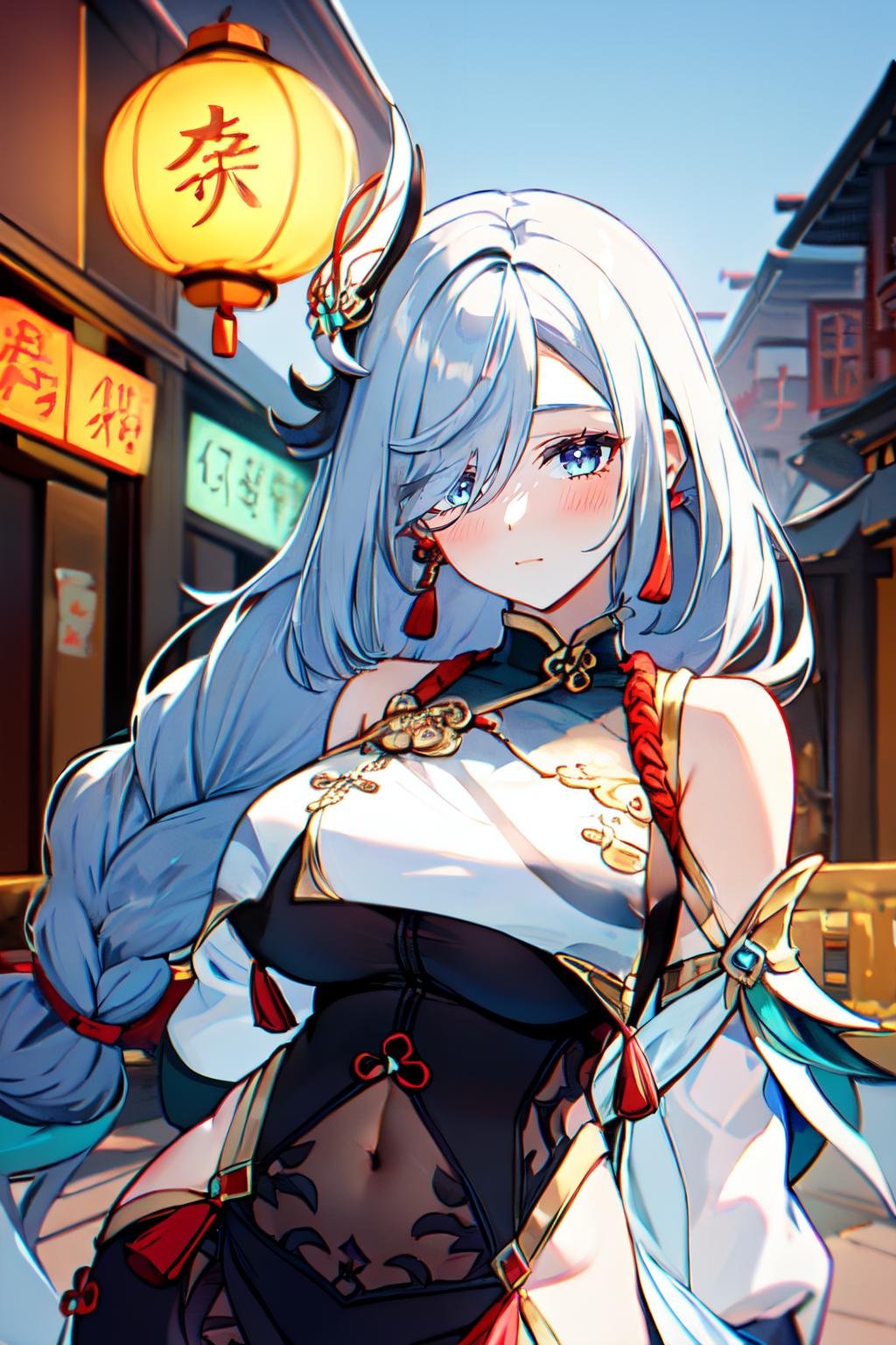 1girl, Shenhe, solo, long hair, blue eyes, gray hair, hair over one eye, hair ornament, large breasts, braid, very long hair, tassel, braided ponytail, gloves, black bodysuit, breast curtain, clothing cutout, black gloves, jewelry, earrings, shoulder cutout, covered navel, navel, blush, thighs, bare shoulders, china background, chinese street, Lantern Festival, <lora:Shenhe:1>