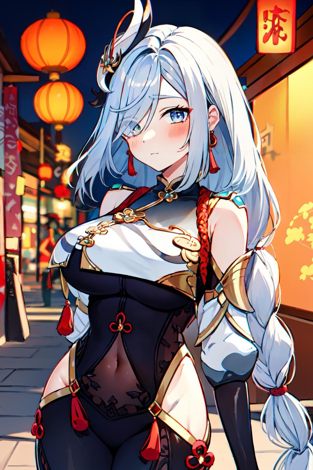 1girl, Shenhe, solo, long hair, blue eyes, gray hair, hair over one eye, hair ornament, large breasts, braid, very long hair, tassel, braided ponytail, gloves, black bodysuit, breast curtain, clothing cutout, black gloves, jewelry, earrings, shoulder cutout, covered navel, navel, blush, thighs, bare shoulders, china background, chinese street, Lantern Festival, <lora:Shenhe:1>