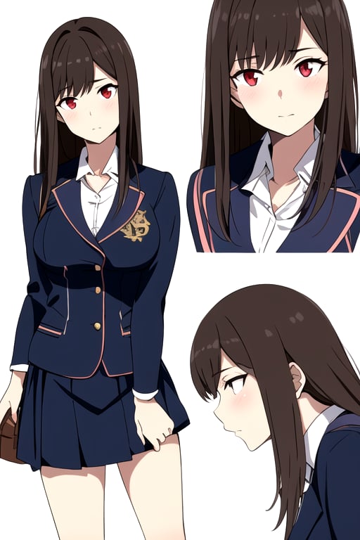 (CharacterSheet:1), 1girl, (student, school uniform:1.2), bag, white long hair, red eyes, big breast, (multiple views, full body, upper body, reference sheet:1), (white background, simple background:1.2),(dynamic_pose:1.2),(masterpiece:1.2), (best quality, highest quality), (ultra detailed), (8k, 4k, intricate), (50mm), (highly detailed:1.2),(detailed face:1.2), detailed_eyes,(gradients),(ambient light:1.3),(cinematic composition:1.3),(HDR:1),Accent Lighting,extremely detailed,original, highres,(perfect_anatomy:1.2)