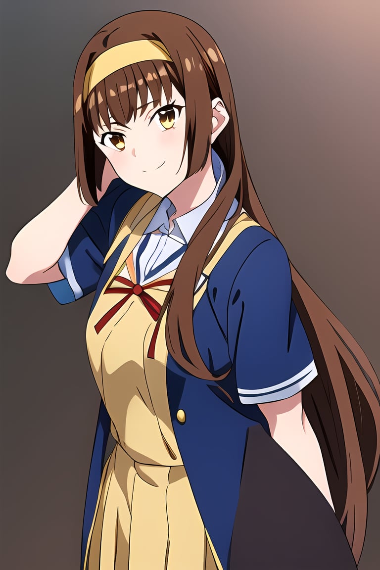 (masterpiece:1.2), (4k wallpaper), 1_girl, solo, looking at viewer, :), yellow eyes, (dark brown hair:1.3), long hair, yellow headband over her head, long ponytail, evil smile, smirk, (school uniform:1.2),  simple background, gray background:1.2, animescreencap, hime style