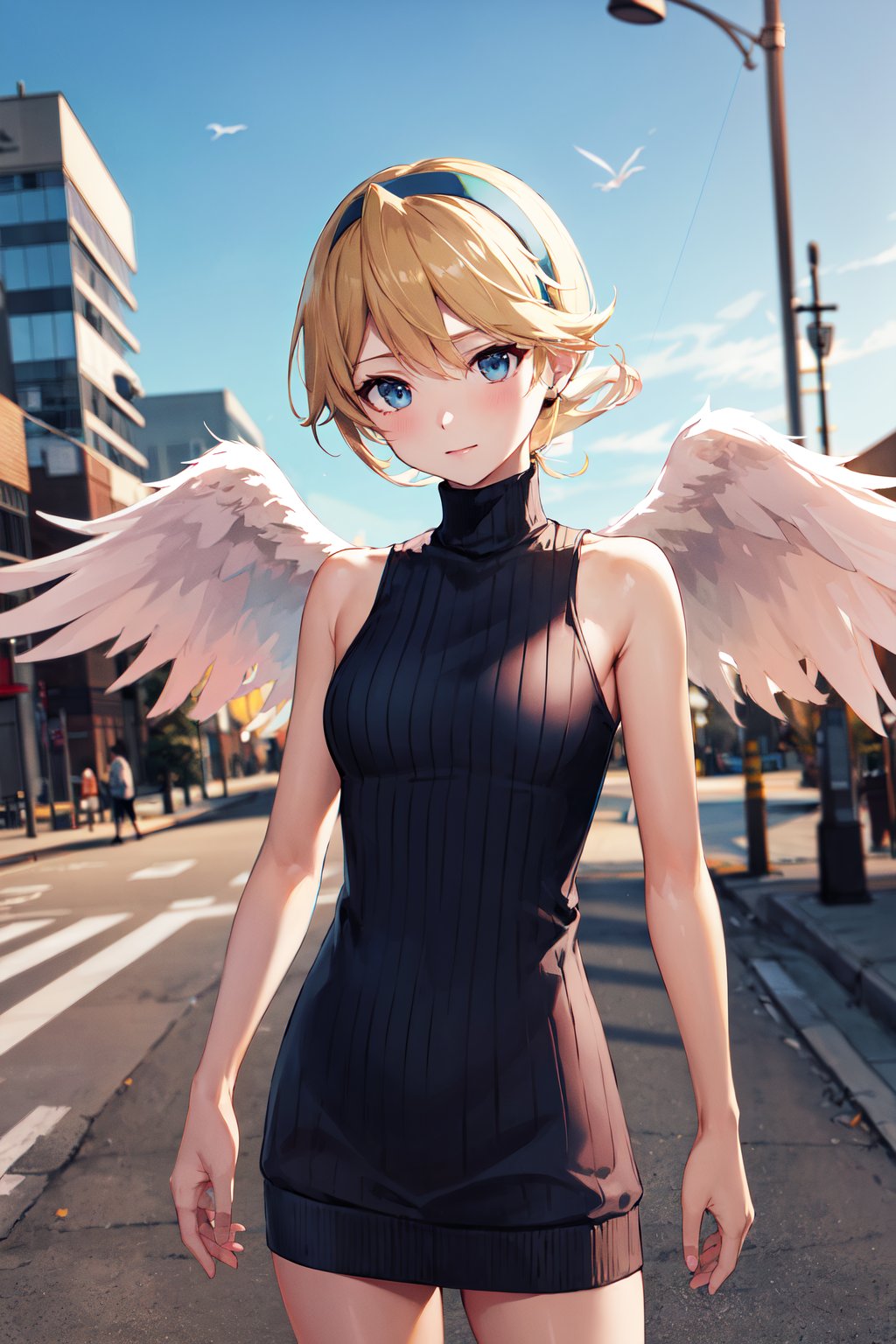 masterpiece, best quality, highres, ddnina, blonde hair, short hair, swept bangs, hairband, blue eyes, angel wings, white wings, <lora:nina_bof4_v1:0.7>, sweater dress, ribbed sweater, turtleneck, sleeveless, street