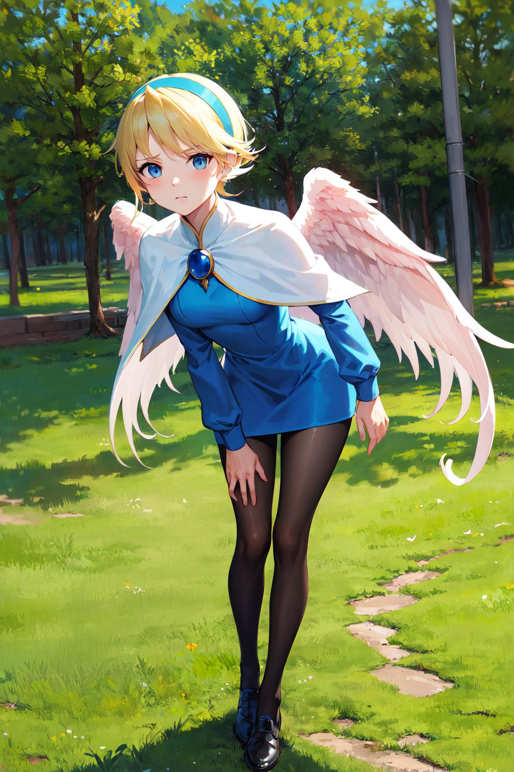 masterpiece, best quality, highres, ddnina, blonde hair, short hair, swept bangs, hairband, blue eyes, angel wings, white wings, white capelet, brooch, blue dress, long sleeves, black pantyhose, <lora:nina_bof4_v1:0.7>, leaning forward, hand on hip, frown, outdoors