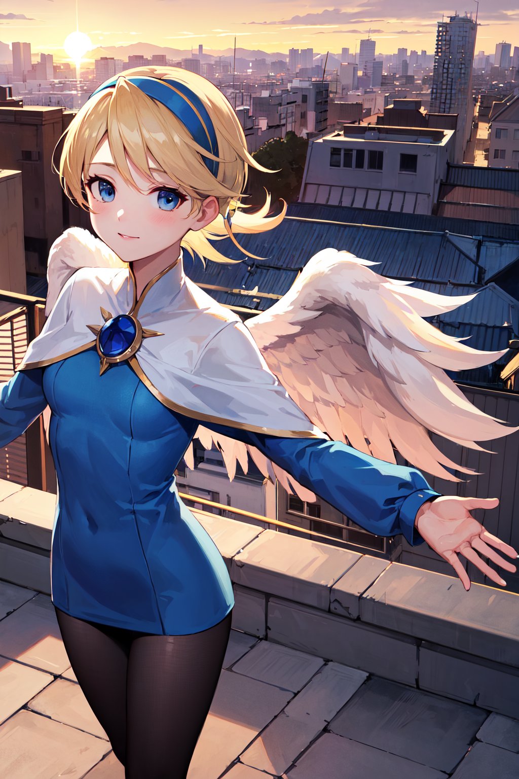 masterpiece, best quality, highres, ddnina, blonde hair, short hair, swept bangs, hairband, blue eyes, angel wings, white wings, white capelet, brooch, blue dress, long sleeves, black pantyhose, <lora:nina_bof4_v1:0.7>, outstretched arms, rooftop, city, sunset