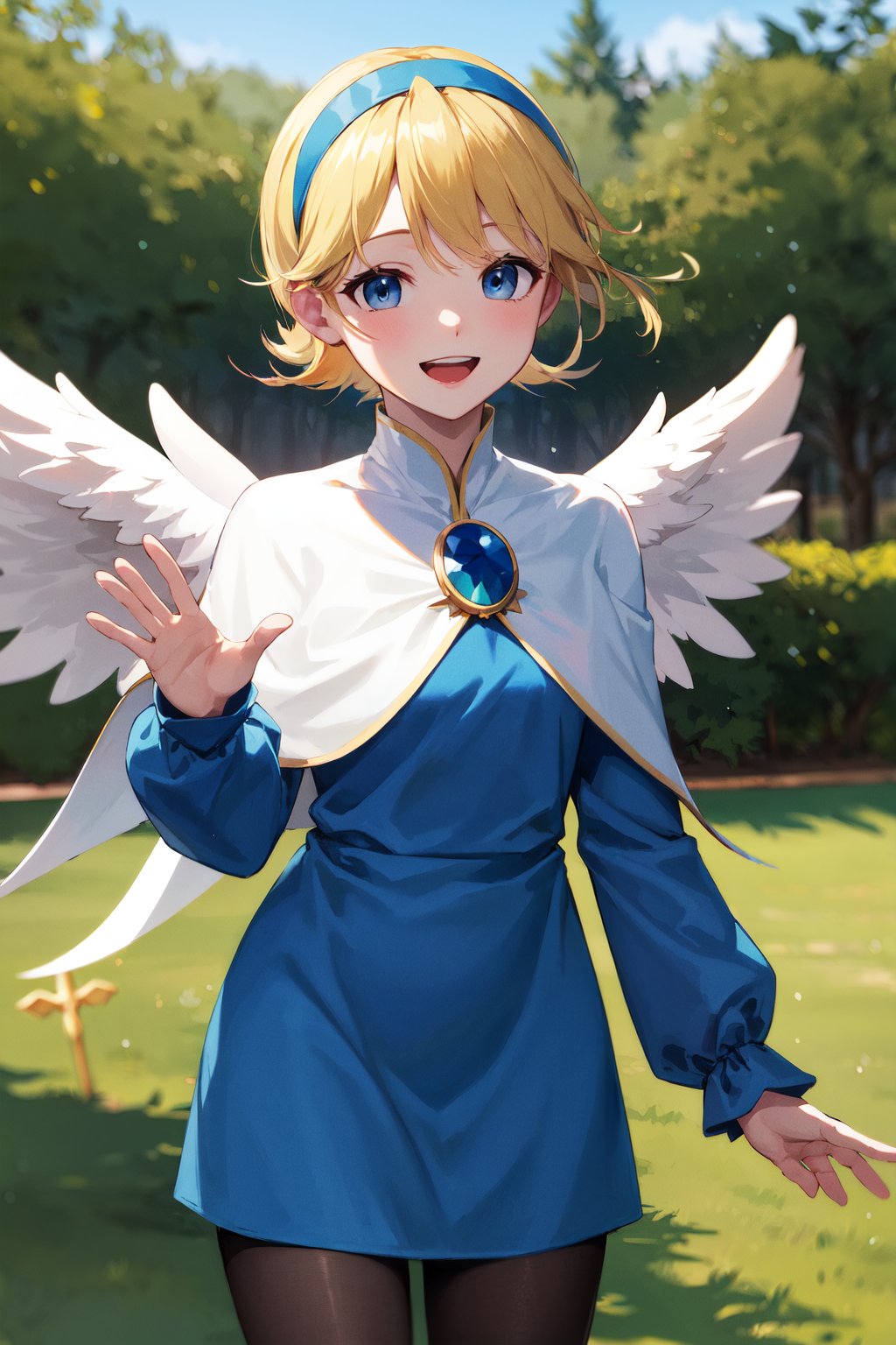 masterpiece, best quality, highres, ddnina, blonde hair, short hair, swept bangs, hairband, blue eyes, angel wings, white wings, white capelet, brooch, blue dress, long sleeves, black pantyhose, <lora:nina_bof4_v1:0.7>, waving, outdoors, smile, open mouth, 