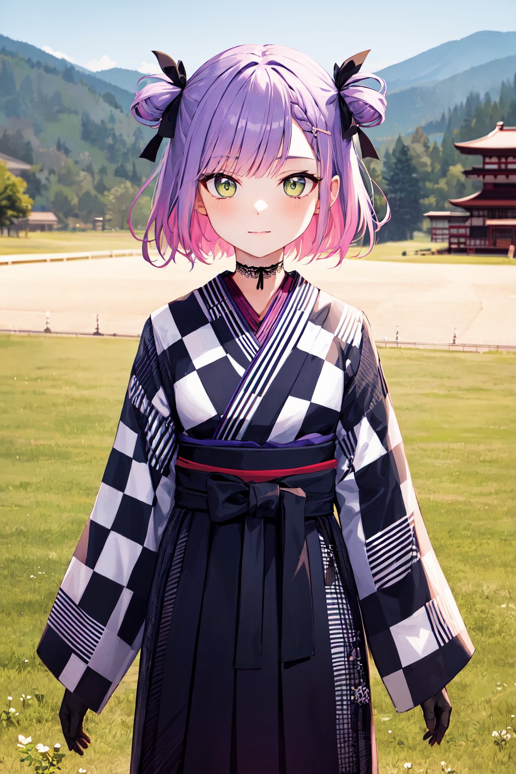 masterpiece, best quality, highres, cctowa, short hair, two side up, hair ribbonhair ornament, lace choker, plaid, japanese clothes, (checkered kimono:1.1), wide sleeves, fishnet gloves, hakama skirt, <lora:tokoyami_towa_v1:0.7>, standing, outdoors, v arms, arms at sides, 