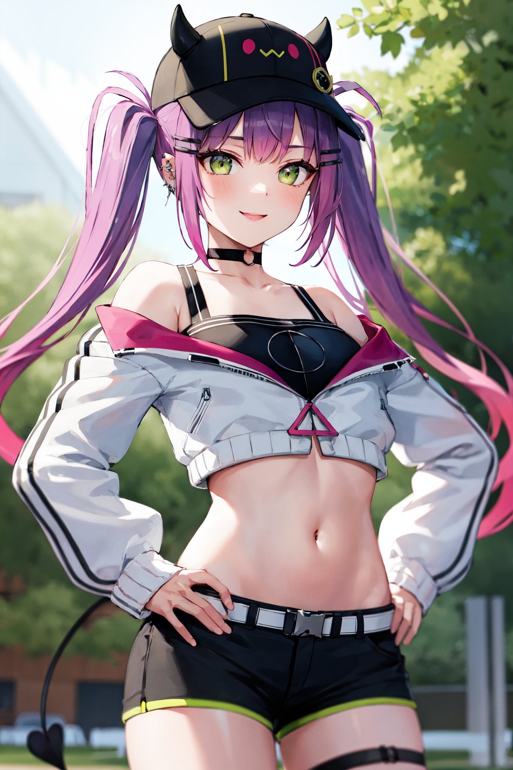 masterpiece, best quality, highres, aatowa, long hair, twintails, black headwear, baseball cap, fake horns, hairclip, piercing, demon tail, black choker, off shoulder, cropped jacket, white jacket, long sleeves, midriff, belt, black shorts, short shorts, single thighhigh, fishnets, <lora:tokoyami_towa_v1:0.7>, cowboy shot, standing, smile, outdoors, hand on hip, 