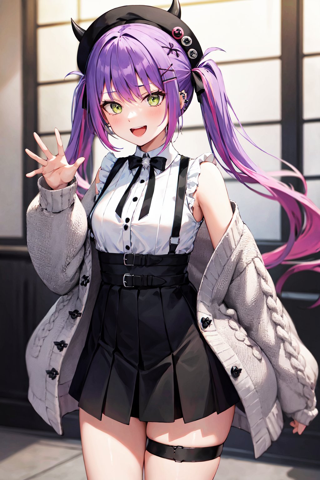 masterpiece, best quality, highres, bbtowa, long hair, twintails, black headwear, beret, fake horns, hair ornament, piercing, demon tail, black bowtie, white shirt, sleeveless, off shoulder, grey cardigan, open clothes, sleeves past wrists, black skirt, suspender skirt, thigh strap, <lora:tokoyami_towa_v1:0.7>, waving, smile, open mouth, standing