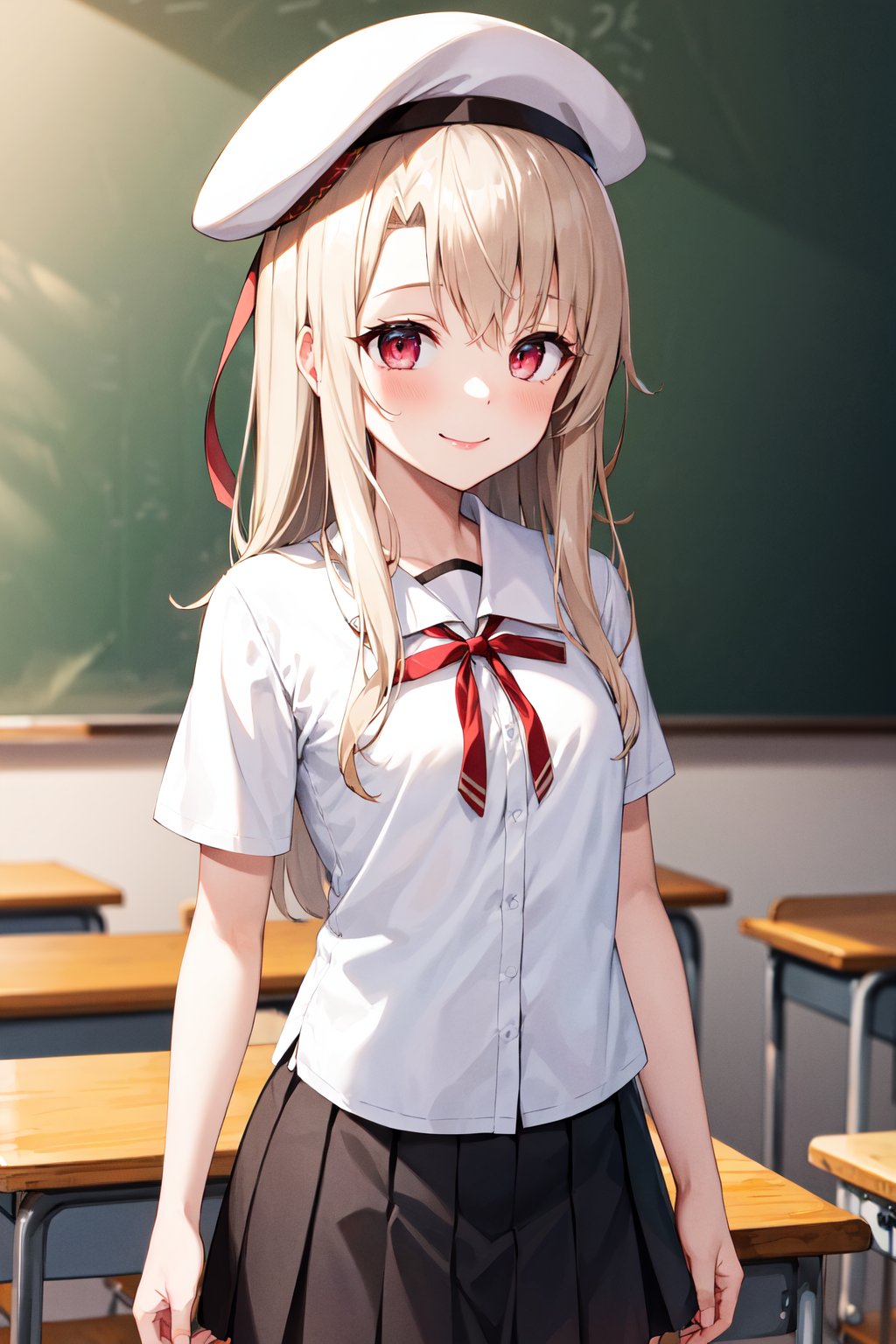 masterpiece, best quality, highres, aaillya, long hair, beret, white headwear, small breasts, school uniform, neck ribbon, white shirt, collared shirt, short sleeves, black skirt, <lora:illyasviel_von_einzbern_(fate_kaleid_liner)_v1:0.7>, classroom, standing, cowboy shot, smile,