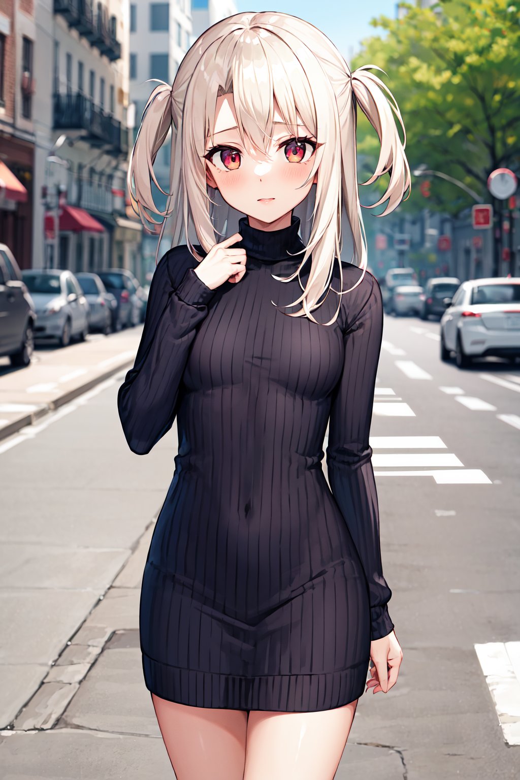 masterpiece, best quality, highres, aaillya, long hair, two side up, small breasts, <lora:illyasviel_von_einzbern_(fate_kaleid_liner)_v1:0.7>, ribbed sweater, sweater dress, turtleneck, street, 