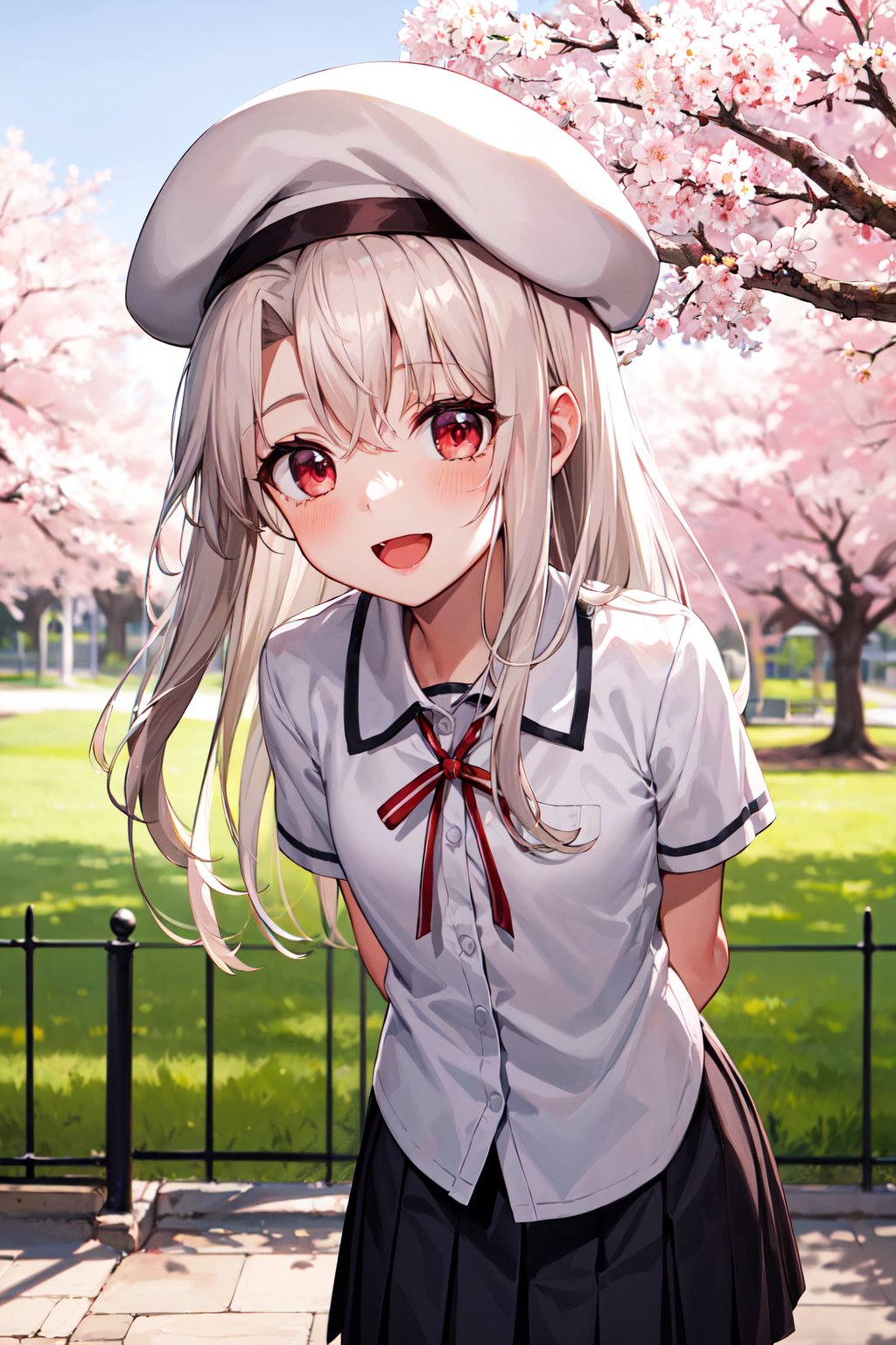 masterpiece, best quality, highres, aaillya, long hair, beret, white headwear, small breasts, school uniform, neck ribbon, white shirt, collared shirt, short sleeves, black skirt, <lora:illyasviel_von_einzbern_(fate_kaleid_liner)_v1:0.7>, cherry blossoms, arms behind back, outdoors, standing, smile, open mouth, leaning forward, 