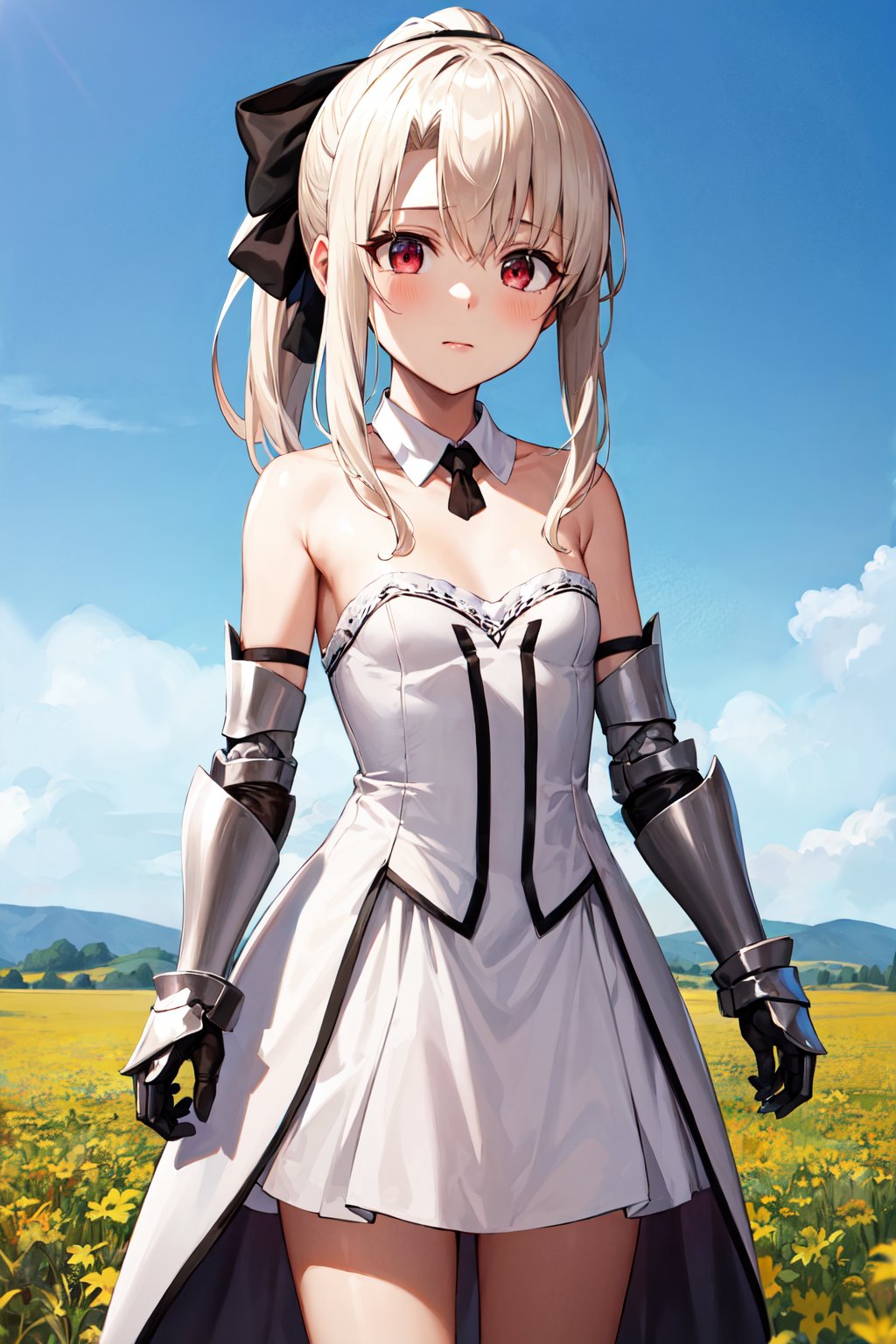 masterpiece, best quality, highres, aaillya, ponytail, sidelocks, hair bow, black bow, small breasts, detached collar, bare shoulders, armor, strapless dress, white dress, detached sleeves, gauntlets, <lora:illyasviel_von_einzbern_(fate_kaleid_liner)_v1:0.7>, standing, field, cowboy shot