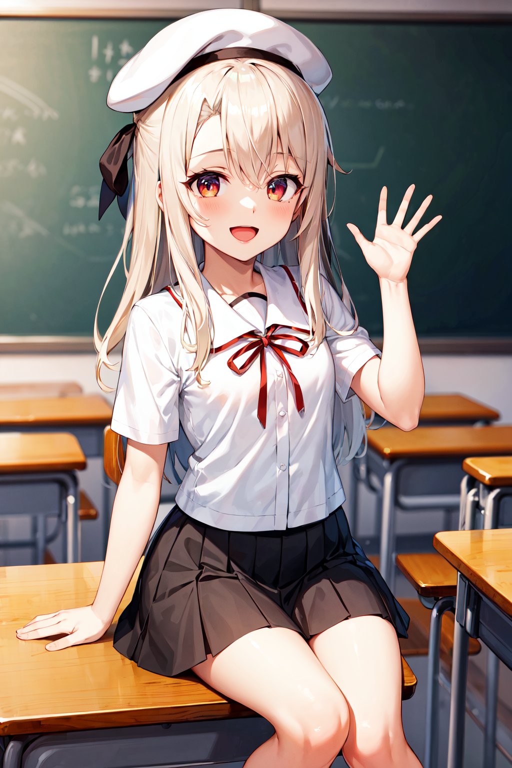 masterpiece, best quality, highres, aaillya, long hair, beret, white headwear, small breasts, school uniform, neck ribbon, white shirt, collared shirt, short sleeves, black skirt, <lora:illyasviel_von_einzbern_(fate_kaleid_liner)_v1:0.7>, classroom, sitting, waving, smile, open mouth, 