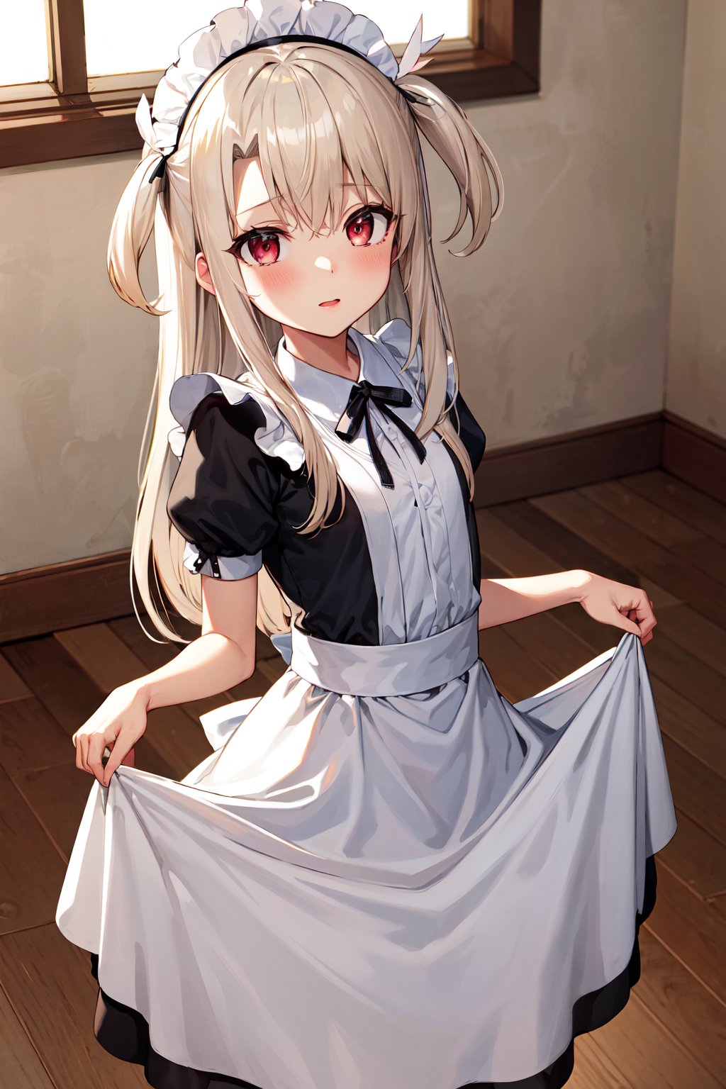 masterpiece, best quality, highres, aaillya, long hair, two side up, small breasts, <lora:illyasviel_von_einzbern_(fate_kaleid_liner)_v1:0.7>, maid, maid headdress, indoors, skirt hold, 