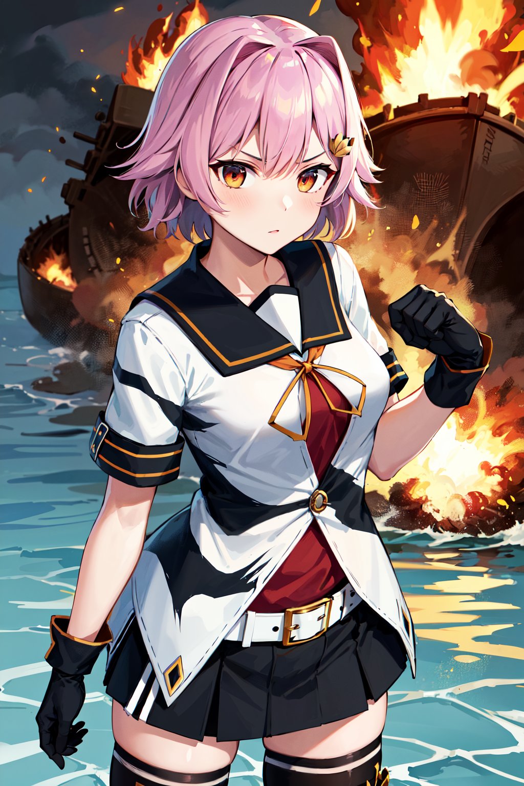 masterpiece, best quality, highres, aatama, short hair, hair ornament, black sailor collar, sailor shirt, animal print, short sleeves, black gloves, belt, black skirt, black thighhighs, <lora:tama_(kancolle)_v1:0.7>, standing, serious, war, explosion, cowboy shot, ocean