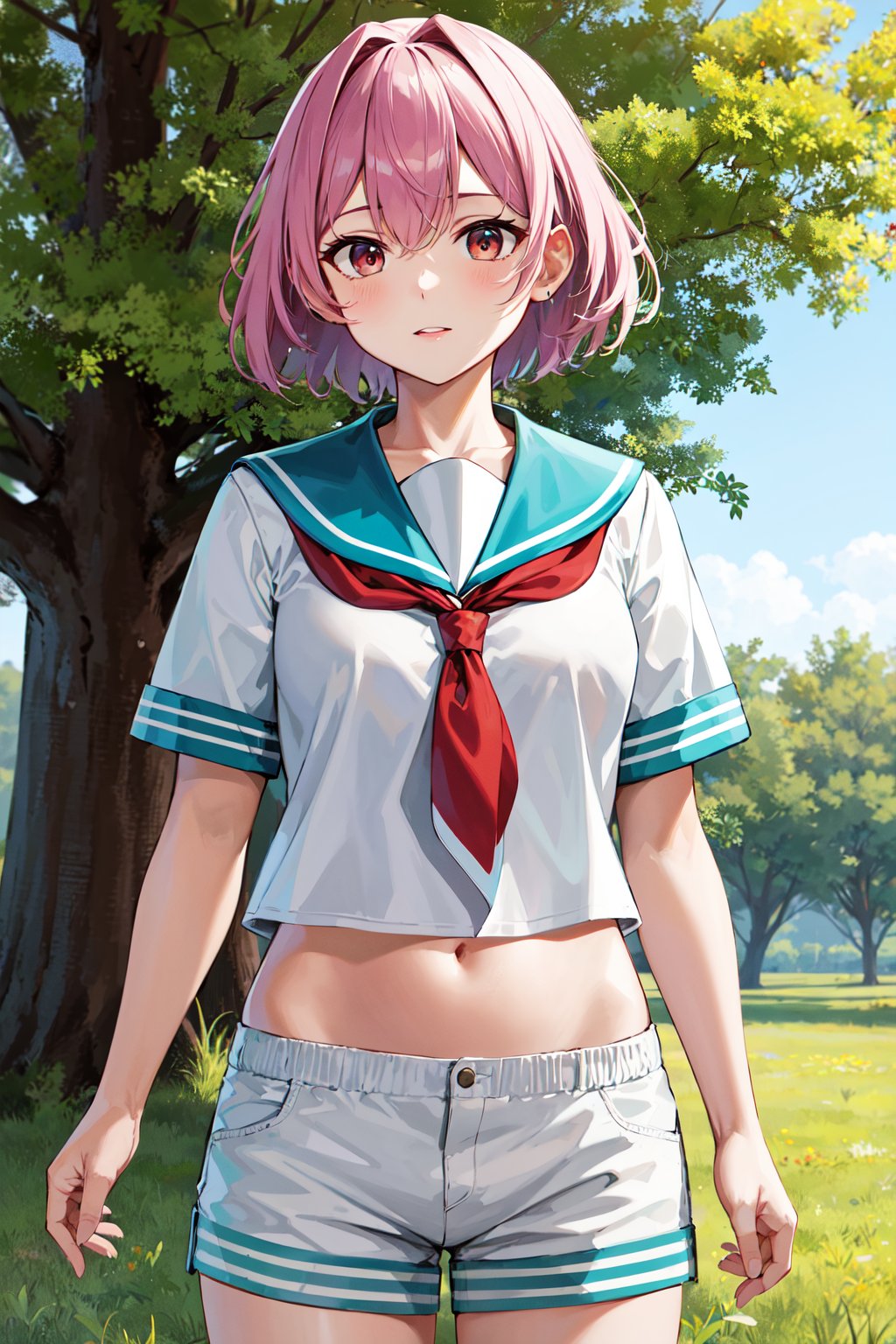 masterpiece, best quality, highres, aatama, short hair, blue sailor collar, red neckerchief, white shirt, short sleeves, navel, white shorts, <lora:tama_(kancolle)_v1:0.7>, standing, cowboy shot, outdoors,