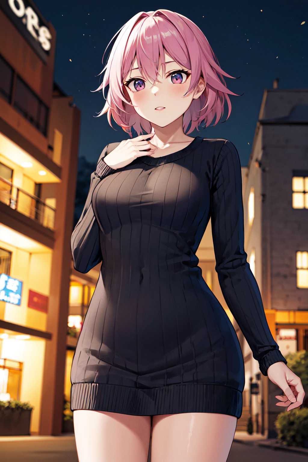 masterpiece, best quality, highres, aatama, short hair, <lora:tama_(kancolle)_v1:0.7>,  sweater dress, ribbed dress, standing, cowboy shot, street, night, 