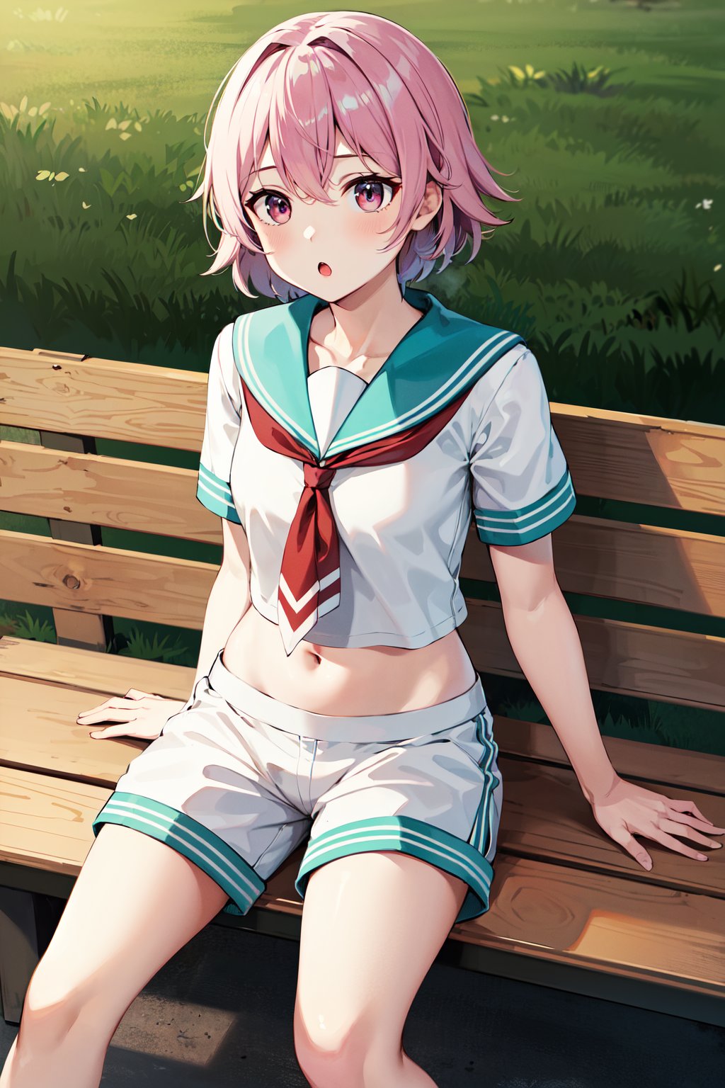 masterpiece, best quality, highres, aatama, short hair, blue sailor collar, red neckerchief, white shirt, short sleeves, navel, white shorts, <lora:tama_(kancolle)_v1:0.7>, :o, sitting, bench