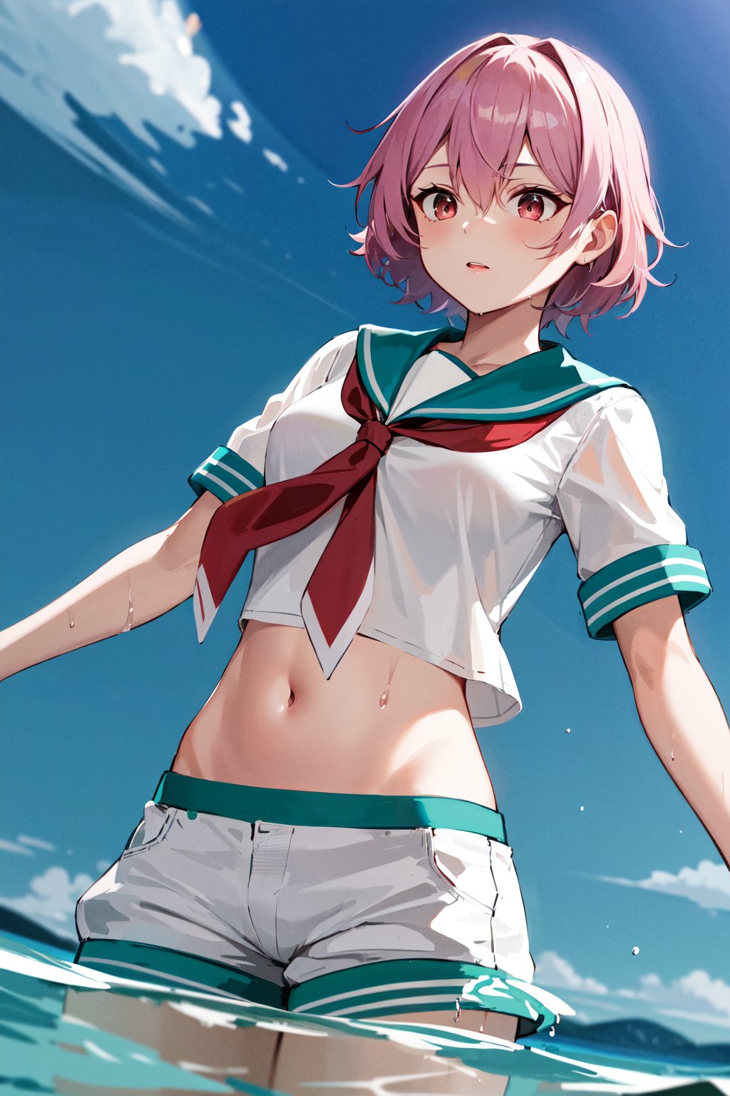 masterpiece, best quality, highres, aatama, short hair, blue sailor collar, red neckerchief, white shirt, short sleeves, navel, white shorts, <lora:tama_(kancolle)_v1:0.7>, standing, partially submerged, ocean, wet, 