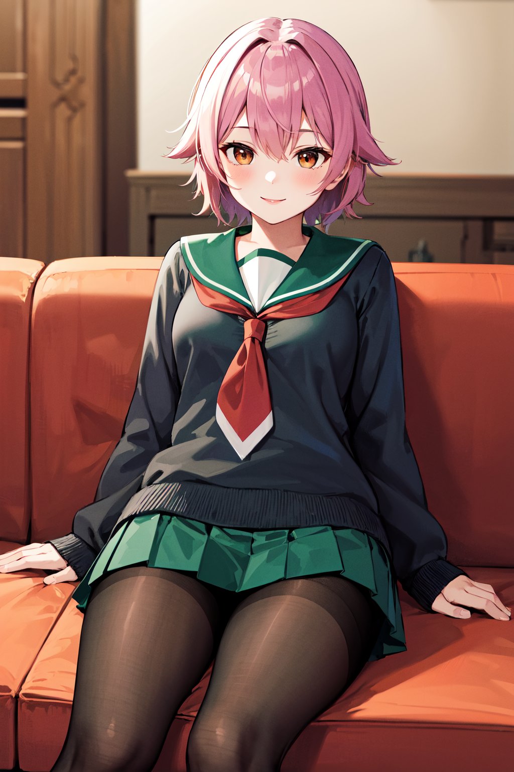 masterpiece, best quality, highres, aatama, short hair, green sailor collar, red neckerchief, black sweater, long sleeves, green skirt, black pantyhose, <lora:tama_(kancolle)_v1:0.7>, sofa, sitting, smile, living room, 