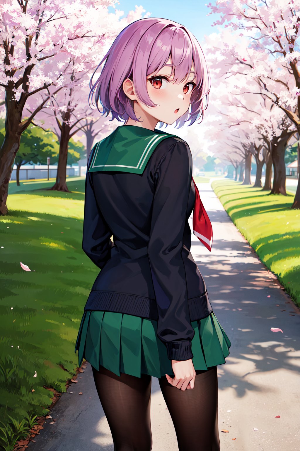 masterpiece, best quality, highres, aatama, short hair, green sailor collar, red neckerchief, black sweater, long sleeves, green skirt, black pantyhose, <lora:tama_(kancolle)_v1:0.7>, standing, from behind, cherry blossoms, outdoors, standing, looking at viewer, :o