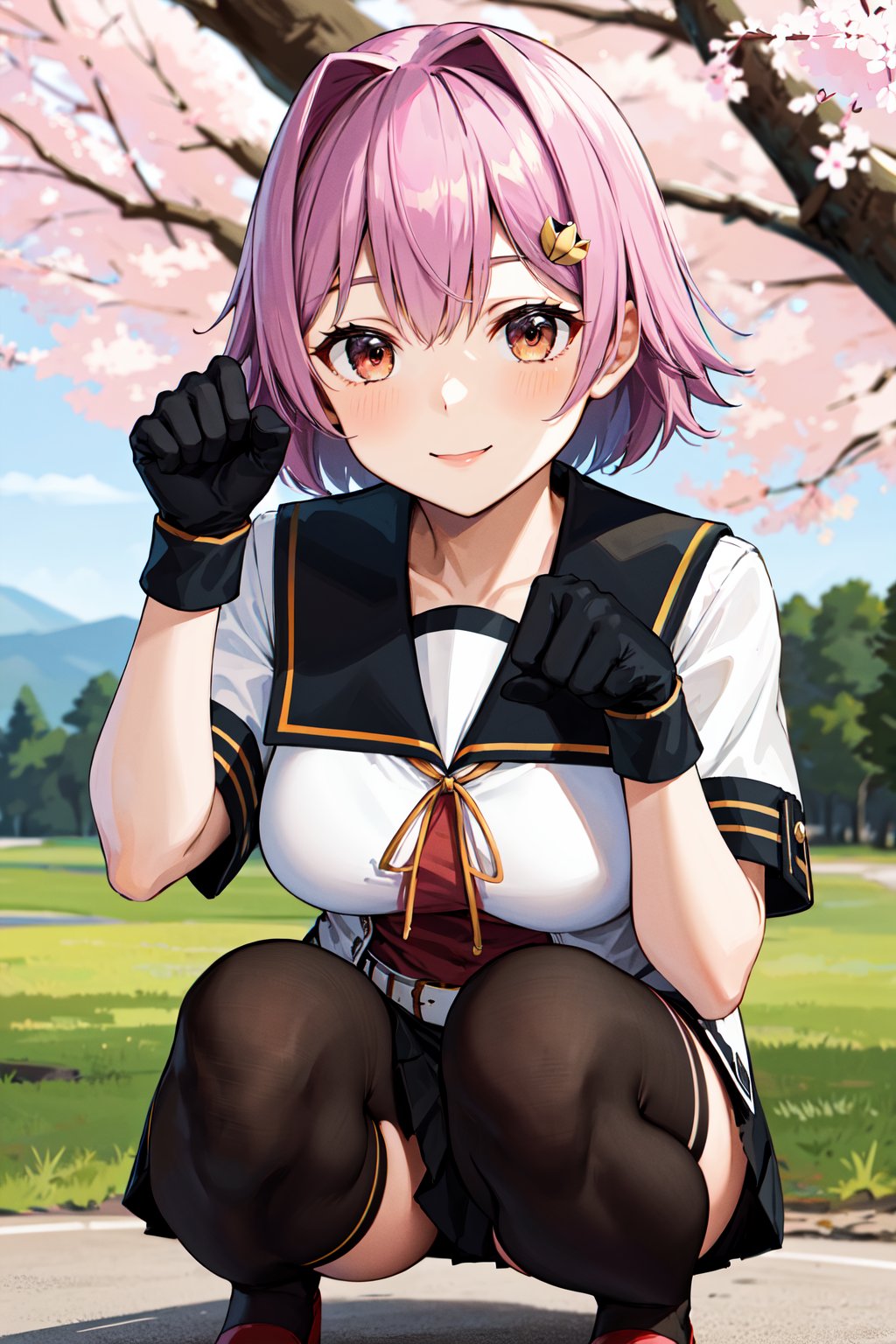 masterpiece, best quality, highres, aatama, short hair, hair ornament, black sailor collar, sailor shirt, animal print, short sleeves, black gloves, belt, black skirt, black thighhighs, <lora:tama_(kancolle)_v1:0.7>, squatting, paw pose, smile, outdoors