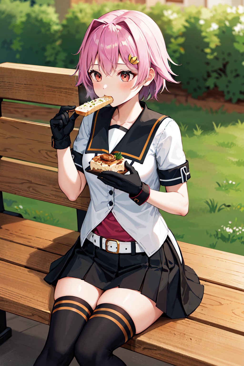 masterpiece, best quality, highres, aatama, short hair, hair ornament, black sailor collar, sailor shirt, animal print, short sleeves, black gloves, belt, black skirt, black thighhighs, <lora:tama_(kancolle)_v1:0.7>, food, eating, sitting, bench, outdoors