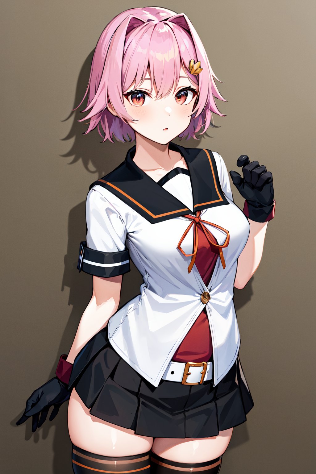 masterpiece, best quality, highres, aatama, short hair, hair ornament, black sailor collar, sailor shirt, animal print, short sleeves, black gloves, belt, black skirt, black thighhighs, <lora:tama_(kancolle)_v1:0.7>, standing, cowboy shot, arm at side, straight-on, 