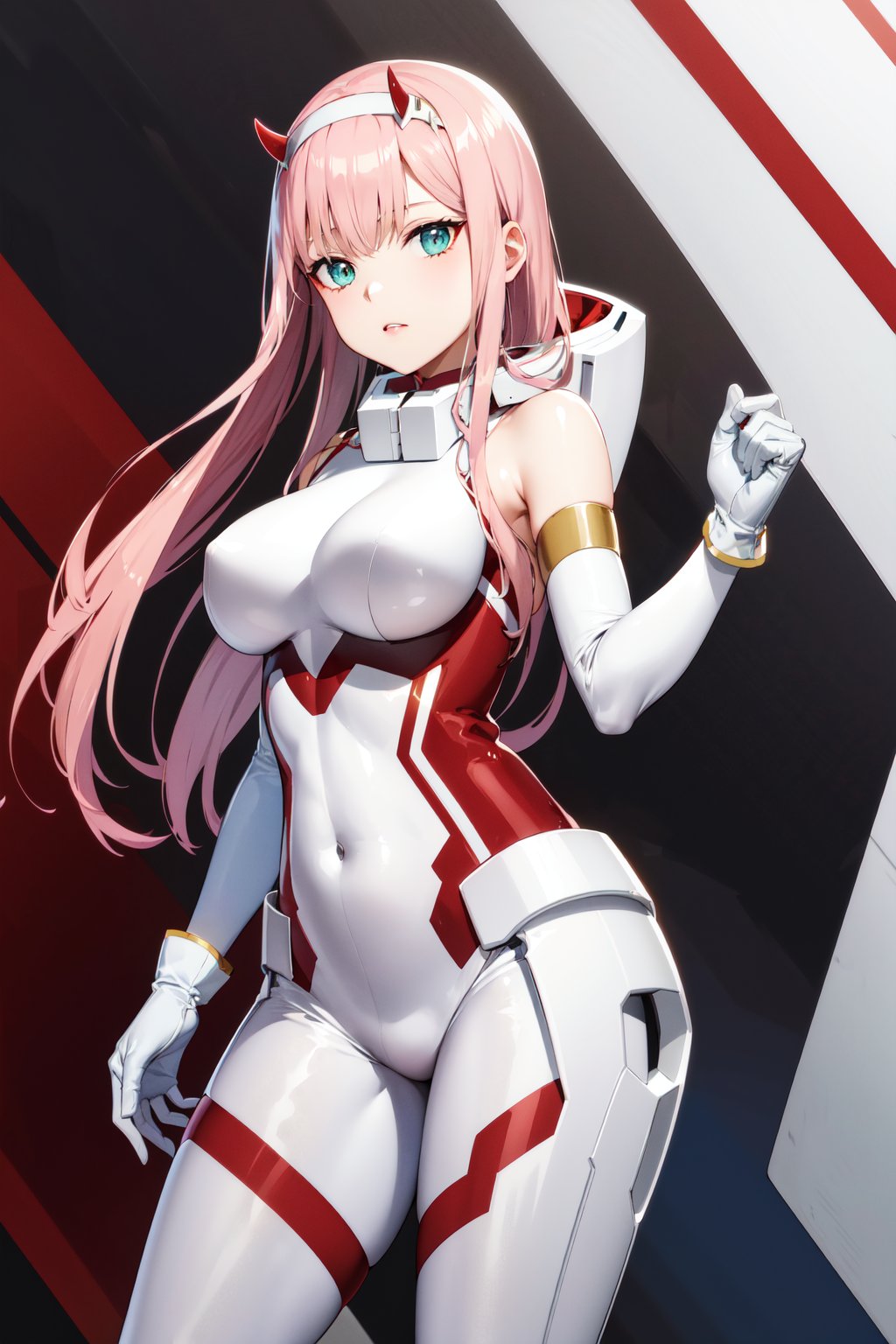 masterpiece, best quality, highres, cczero2, long hair, horns, hairband, white bodysuit, pilot suit, gloves, <lora:zero_two_(darling_in_the_franxx)_v1:0.7>, standing, cowboy shot