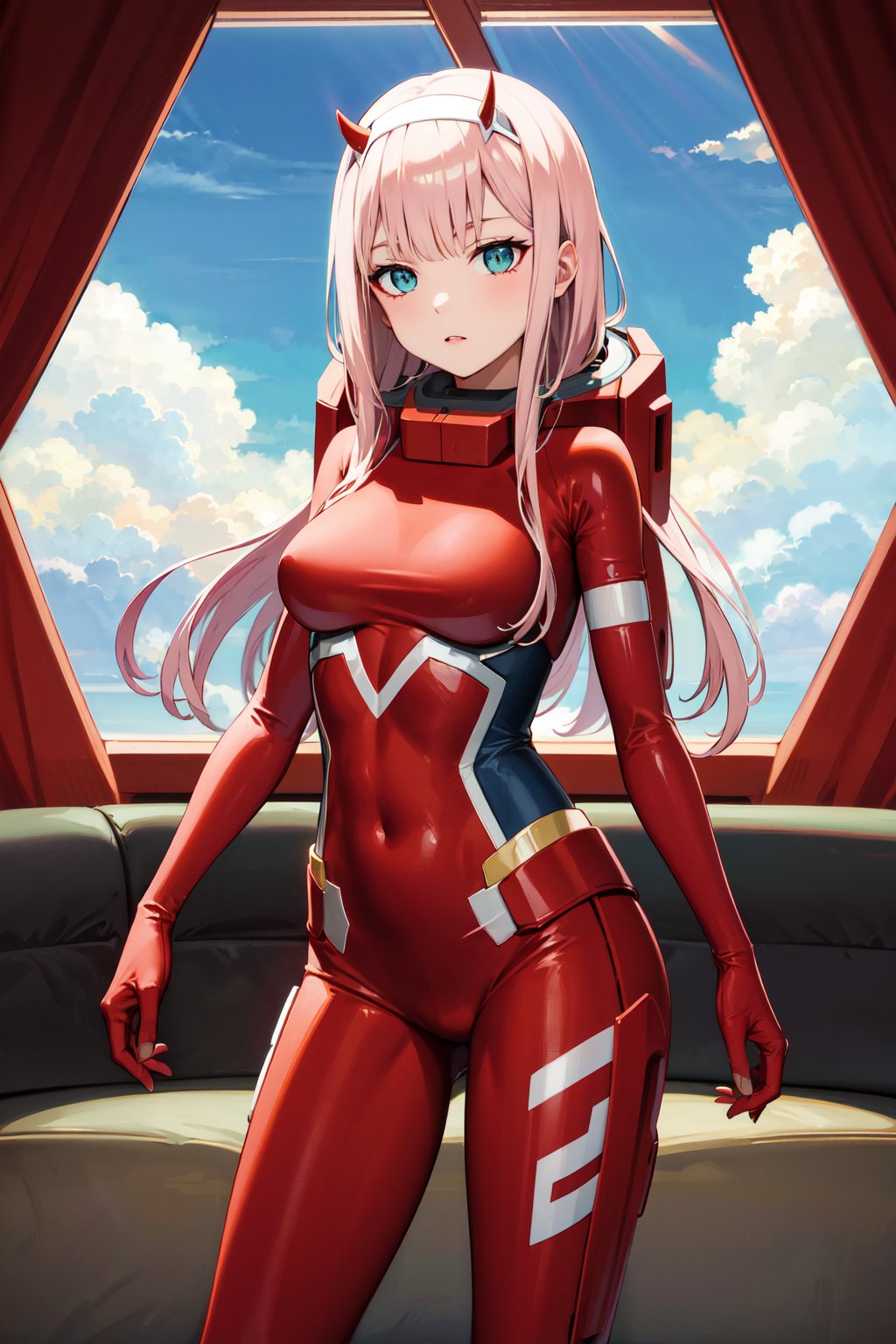 masterpiece, best quality, highres, bbzero2, long hair, horns, hairband, red bodysuit, <lora:zero_two_(darling_in_the_franxx)_v1:0.7>, standing, spacecraft, blue sky, cowboy shot. indoors