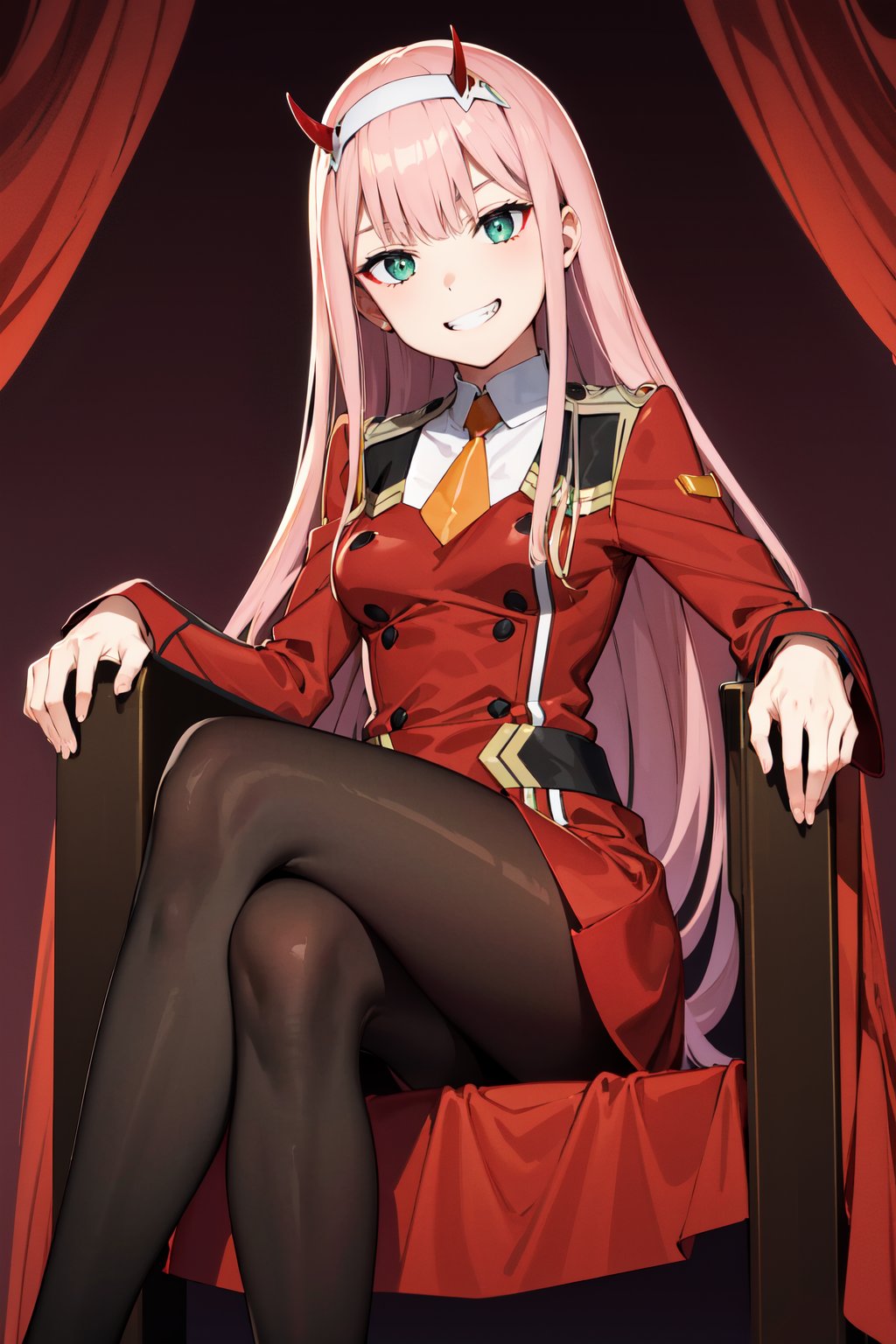 masterpiece, best quality, highres, aazero2, long hair, horns, hairband, military uniform, orange necktie, red dress, long sleeves, black pantyhose, <lora:zero_two_(darling_in_the_franxx)_v1:0.7>, sitting, crossed legs, throne, smile, evil grin,
