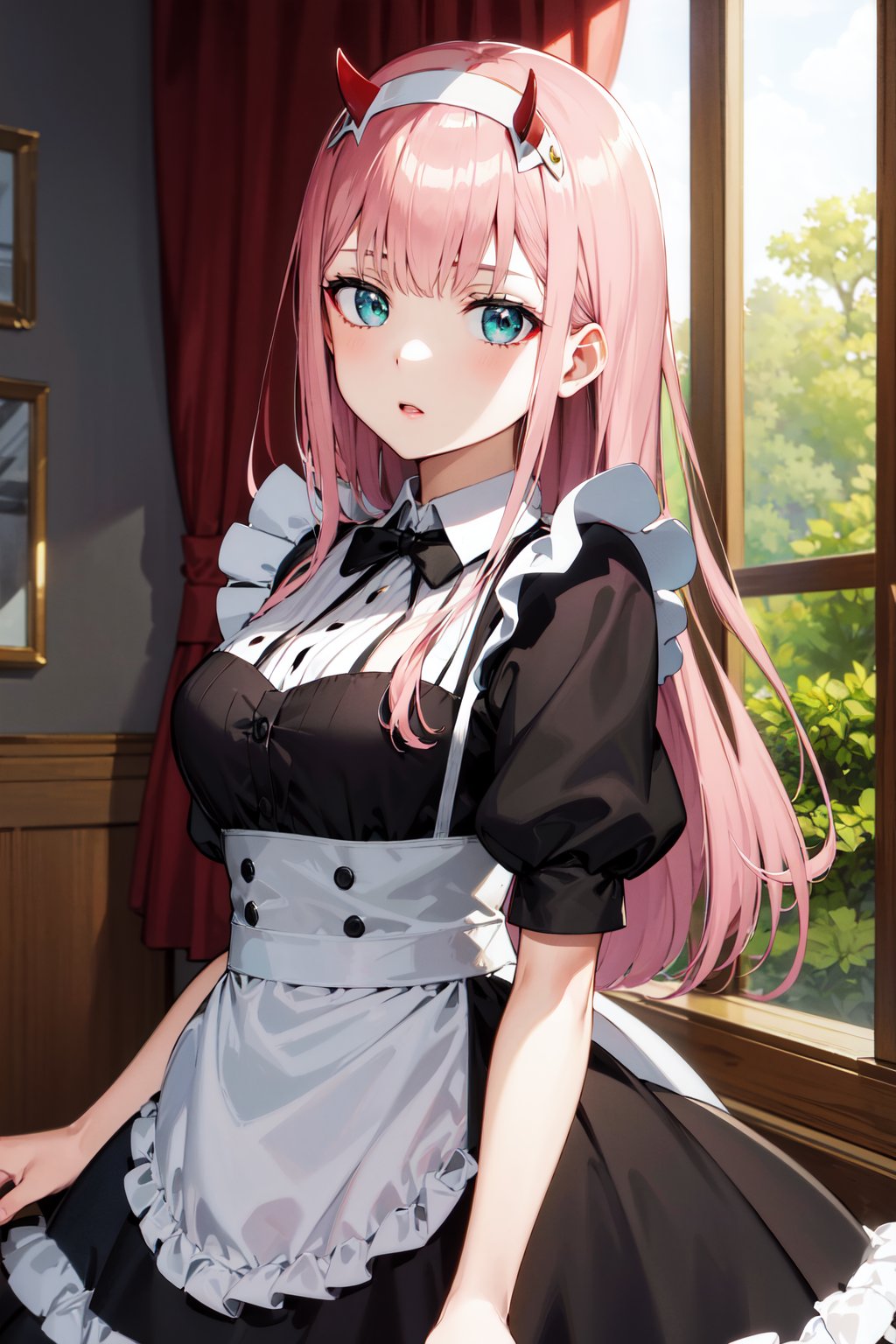 masterpiece, best quality, highres, aazero2, long hair, horns, hairband, <lora:zero_two_(darling_in_the_franxx)_v1:0.7>, maid, black dress, 