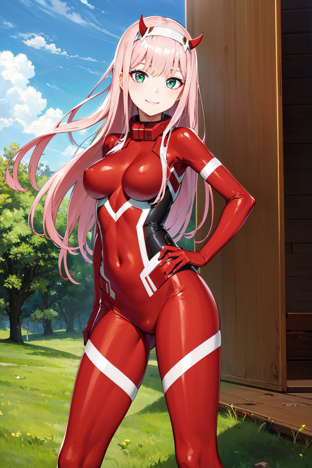 masterpiece, best quality, highres, bbzero2, long hair, horns, hairband, red bodysuit, <lora:zero_two_(darling_in_the_franxx)_v1:0.7>, hand on hip, outdoors, smile