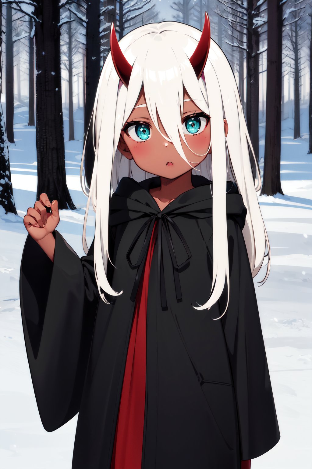 masterpiece, best quality, highres, eezero2, child, aged down, long hair, white hair, oni horns, hair between eyes, aqua eyes, red skin, colored skin, black robe, long sleeves, wide sleeves, <lora:zero_two_(darling_in_the_franxx)_v1:0.7>, outdoors, snow, cowboy shot, standing, forest,